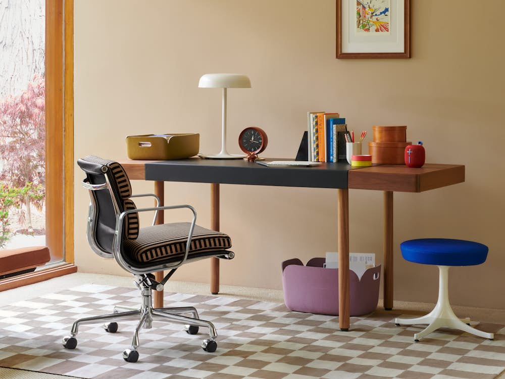 Leatherwrap Desk and Eames Aluminum Group in Toostripe