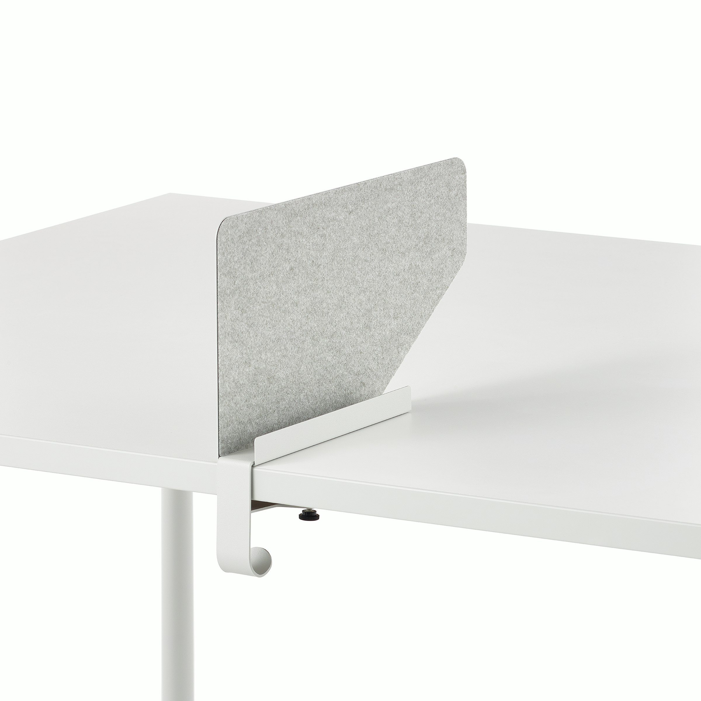 Grey OE1 Boundary Screen with liner on a white OE1 Rectangular Table, viewed from an angle.