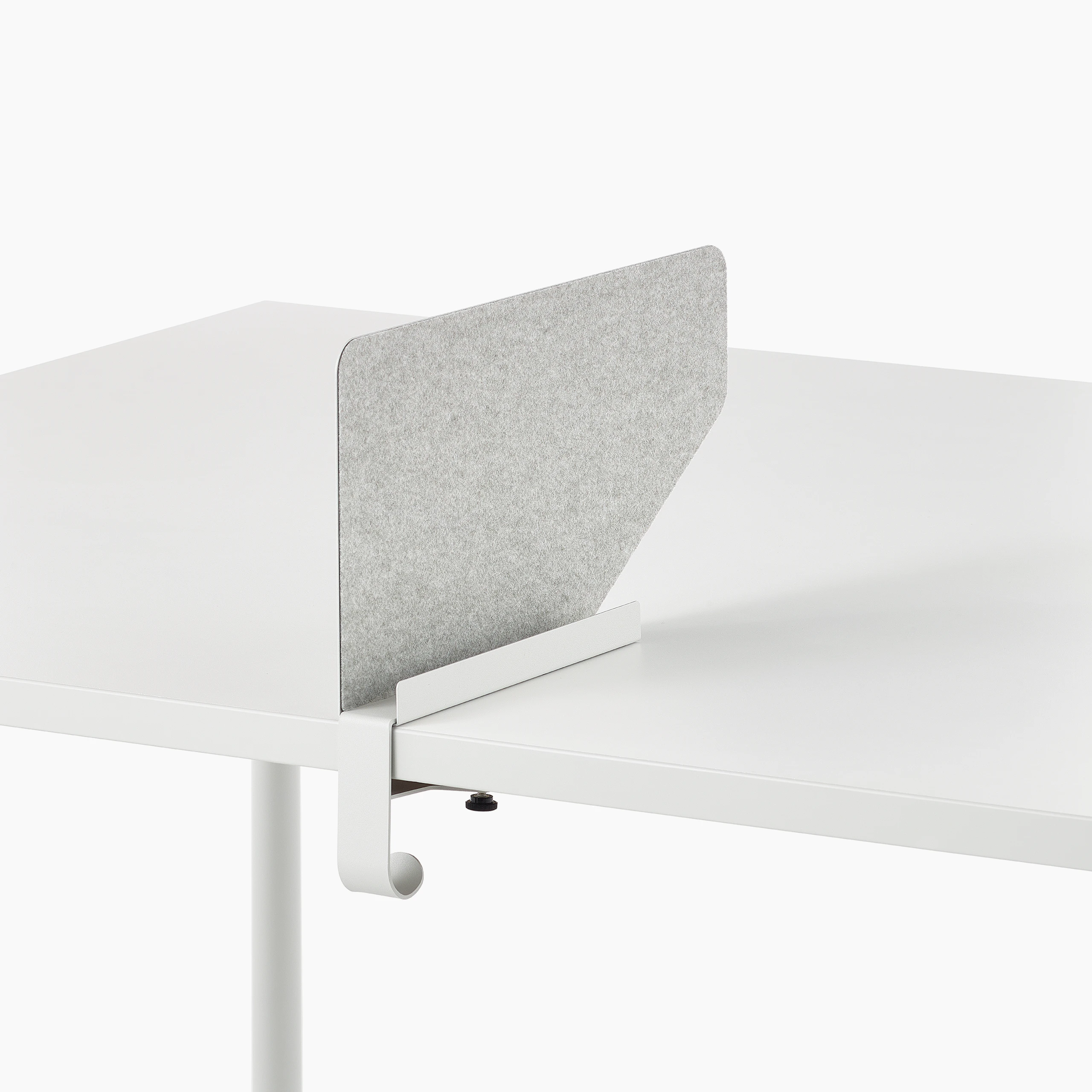 Grey OE1 Boundary Screen with liner on a white OE1 Rectangular Table, viewed from an angle.