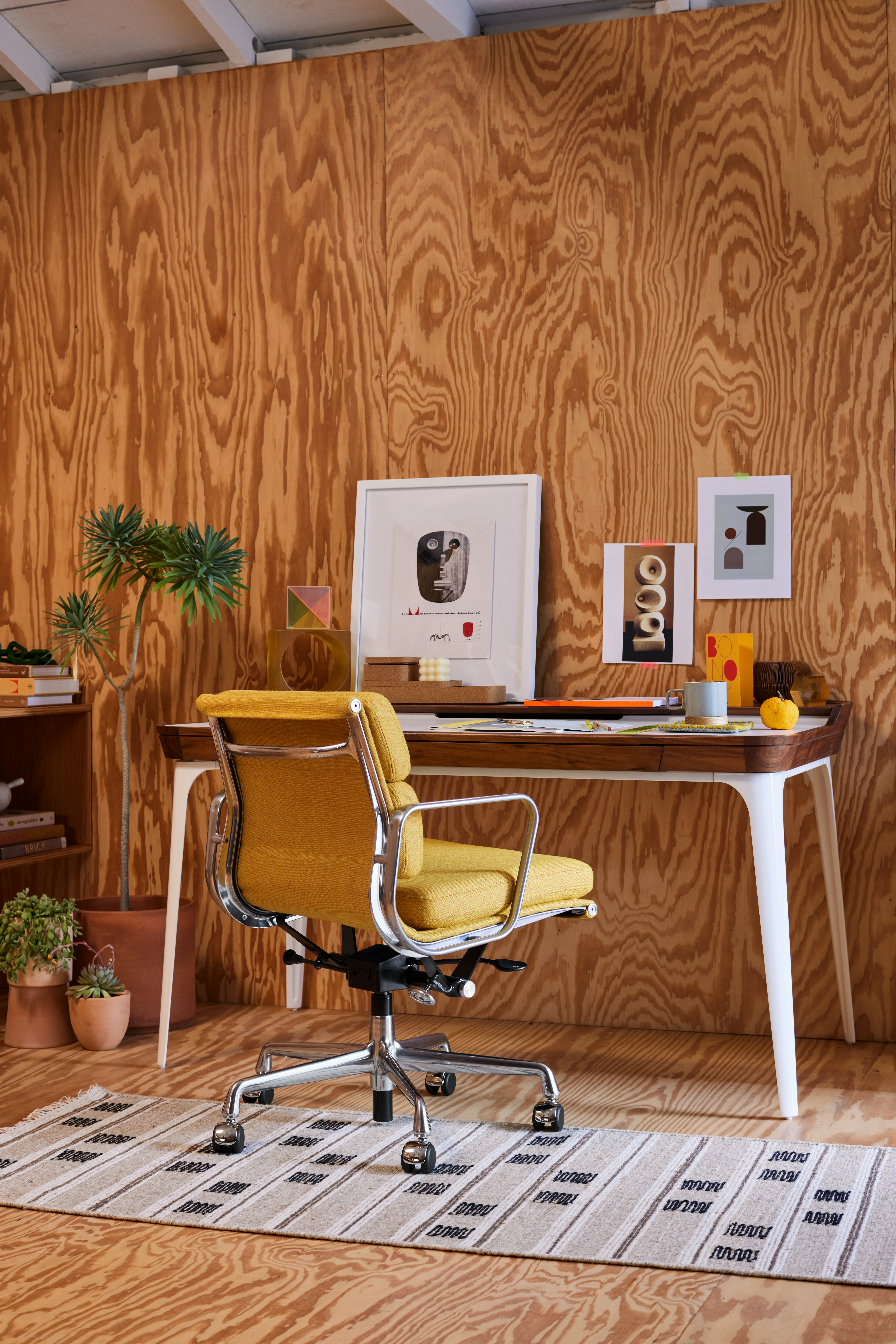 Airia Desk, Nelson Face Print, Eames Soft Pad Chair, Koodi Flatweave Jute Rug, Airia Media Cabinet