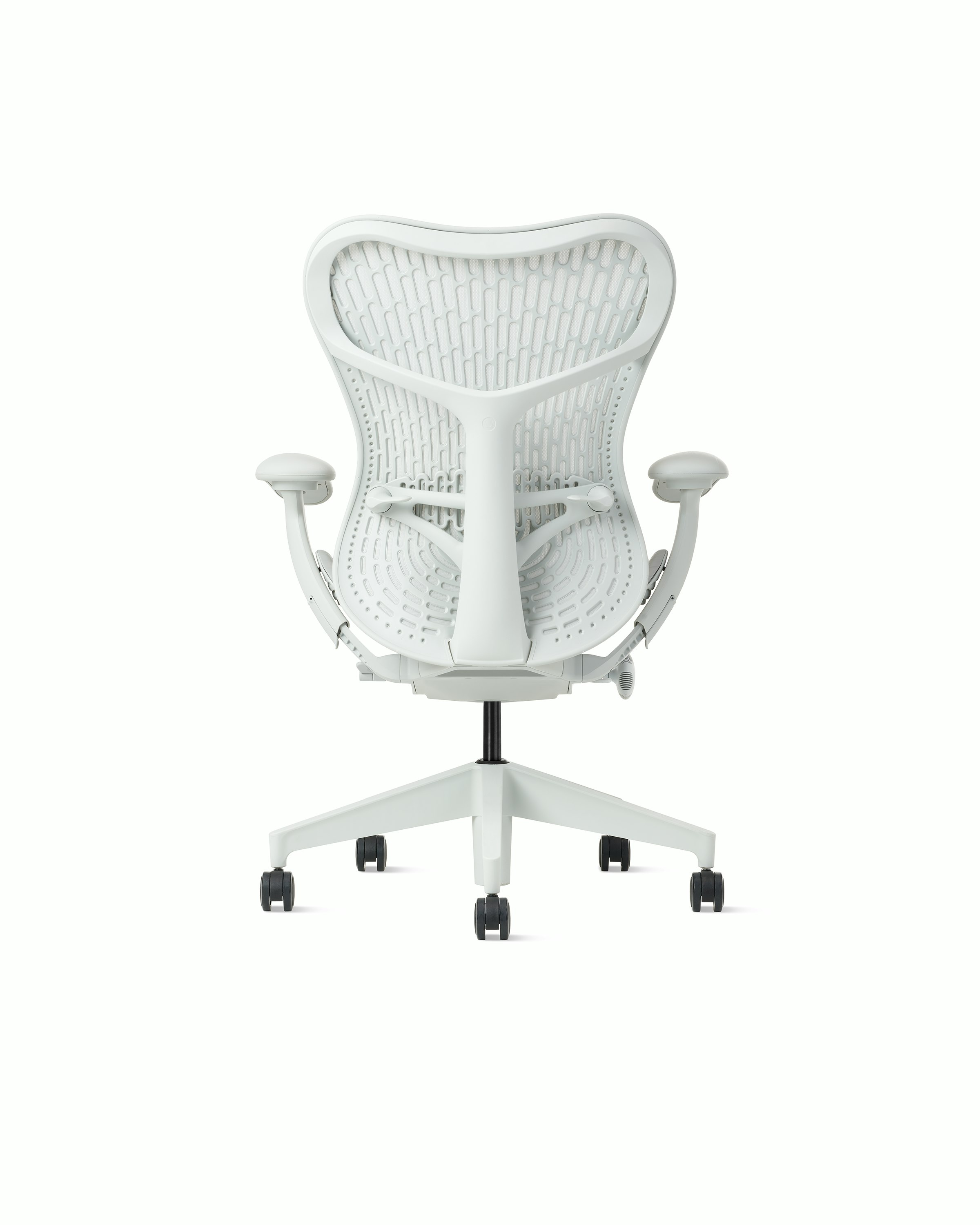 Rear view of a Mirra 2 chair with a Butterfly back in alpine and a silver alloy base.