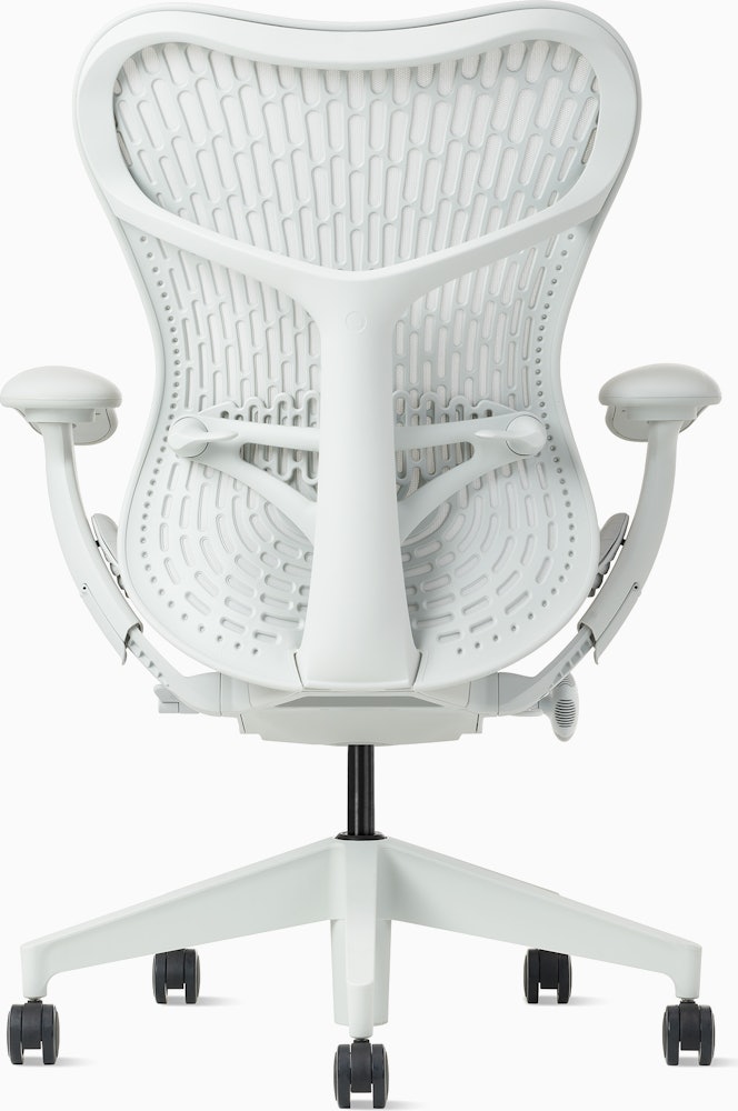 Rear view of a Mirra 2 chair with a Butterfly back in alpine and a silver alloy base.