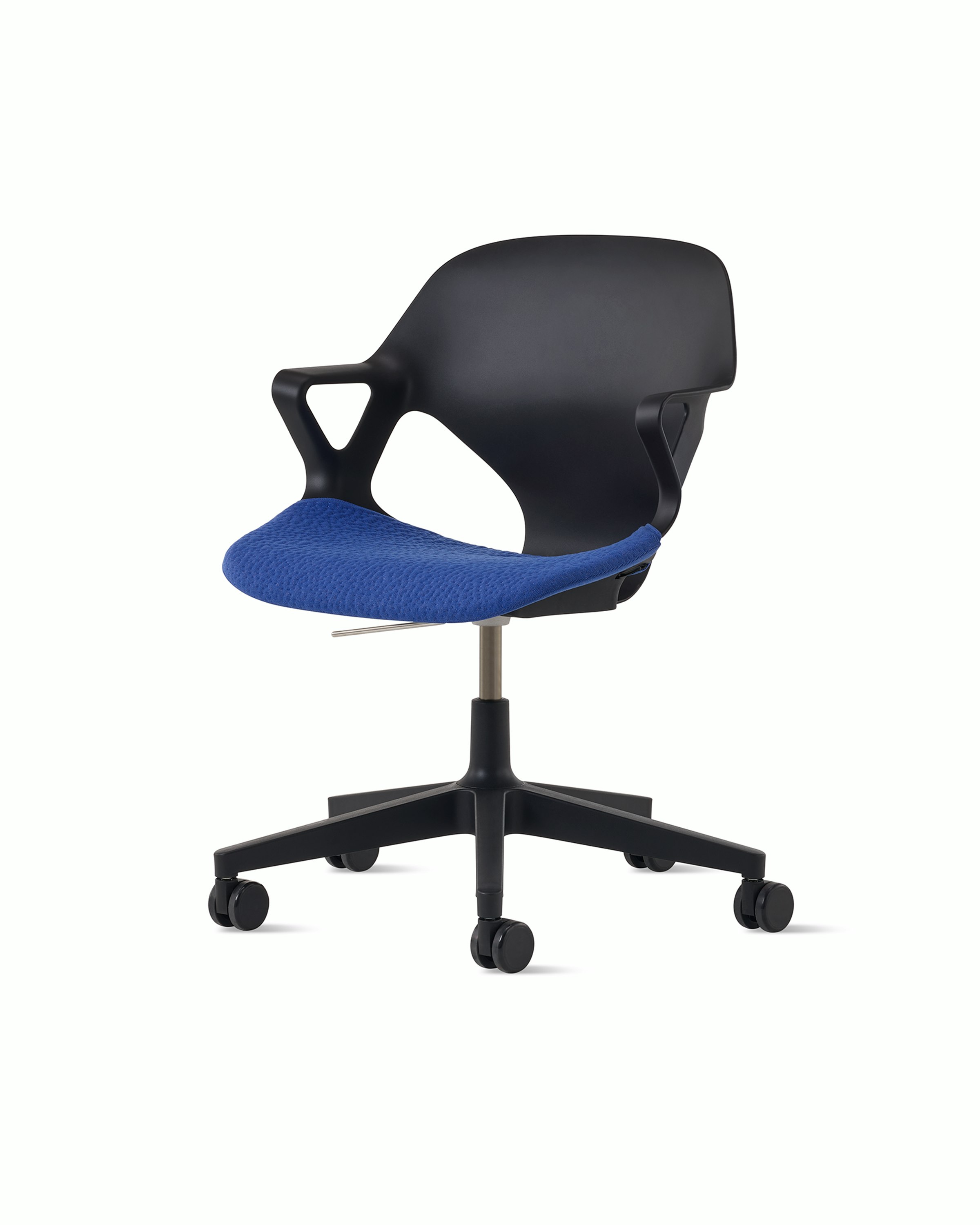 Front angle view of a black Zeph chair with fixed arms and a xx seat pad.