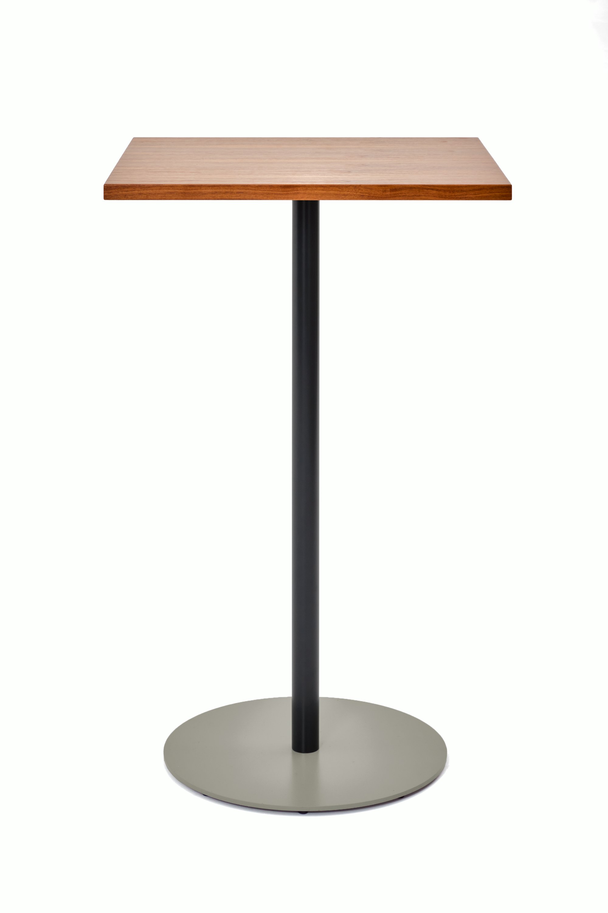Front view of a square bar height Tier table with Walnut veneer top, Black Grey stem and Stone Grey base.