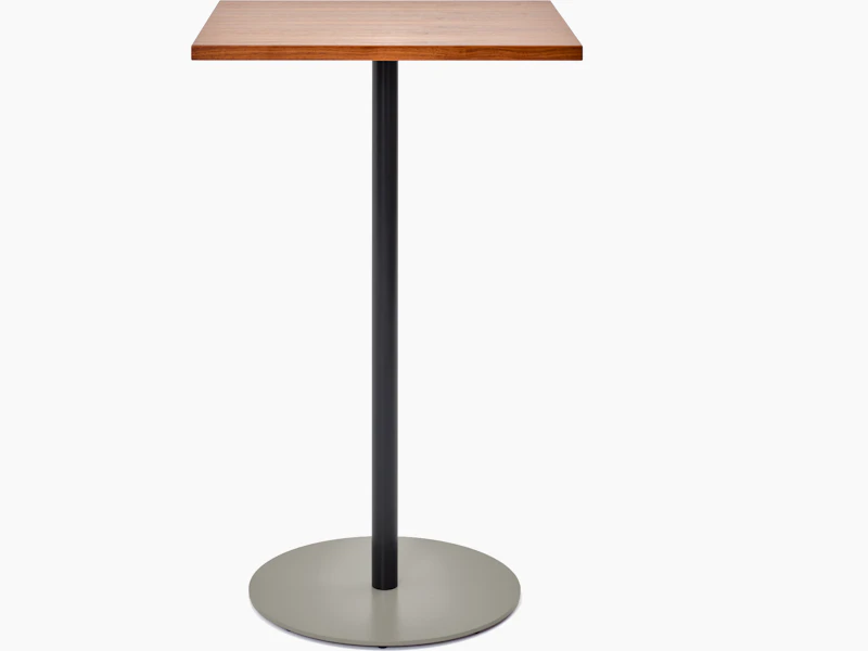 Front view of a square bar height Tier table with Walnut veneer top, Black Grey stem and Stone Grey base.