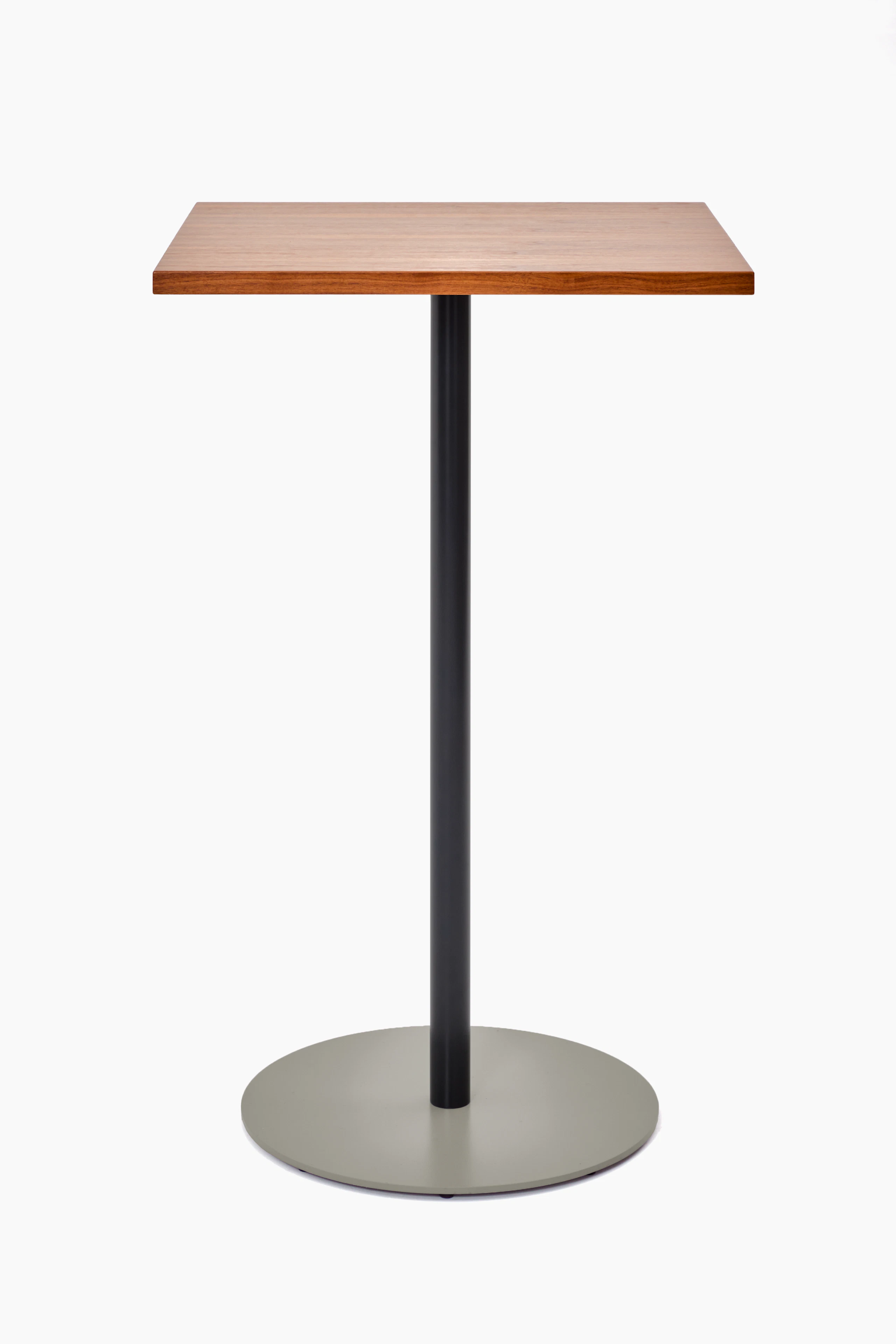 Front view of a square bar height Tier table with Walnut veneer top, Black Grey stem and Stone Grey base.