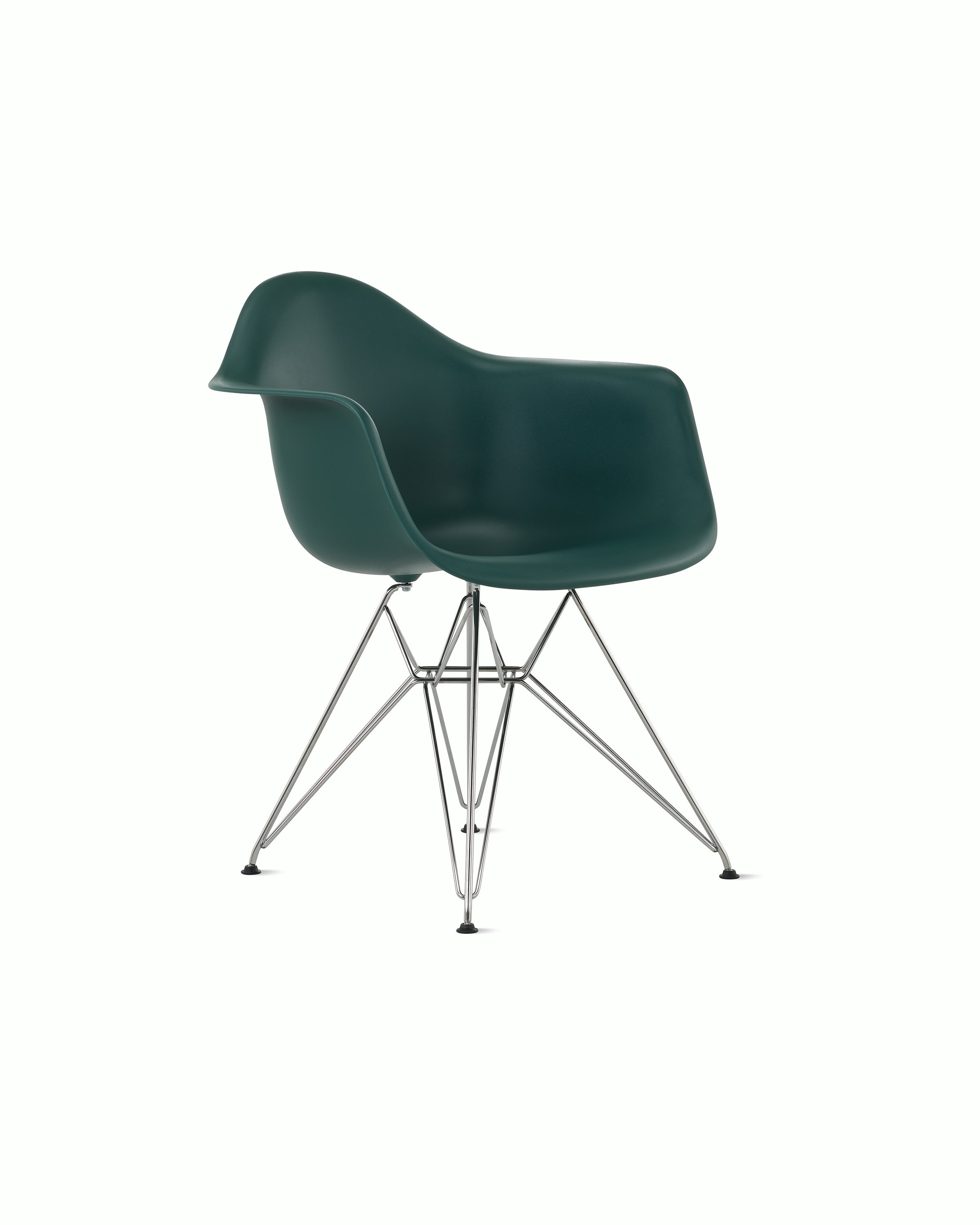 Front angle of evergreen plastic shell chair with wire base legs.