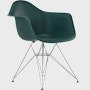 Front angle of evergreen plastic shell chair with wire base legs.