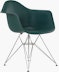Front angle of evergreen plastic shell chair with wire base legs.