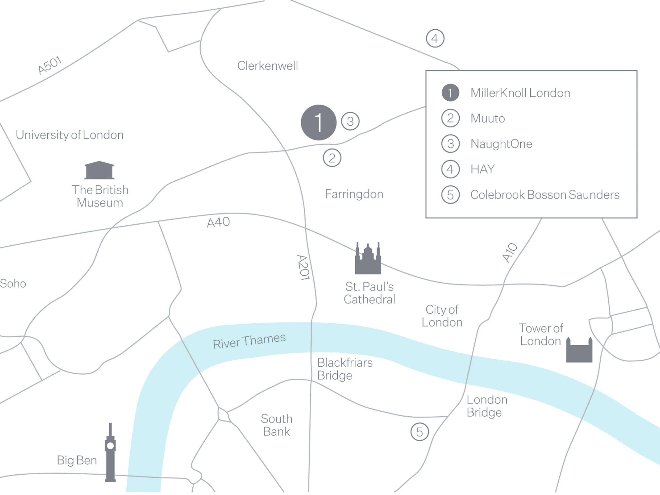 A map of London featuring points of interest such as the MillerKnoll London, Muuto, NaughtOne, HAY, and Colebrook Bosson Saunders stores