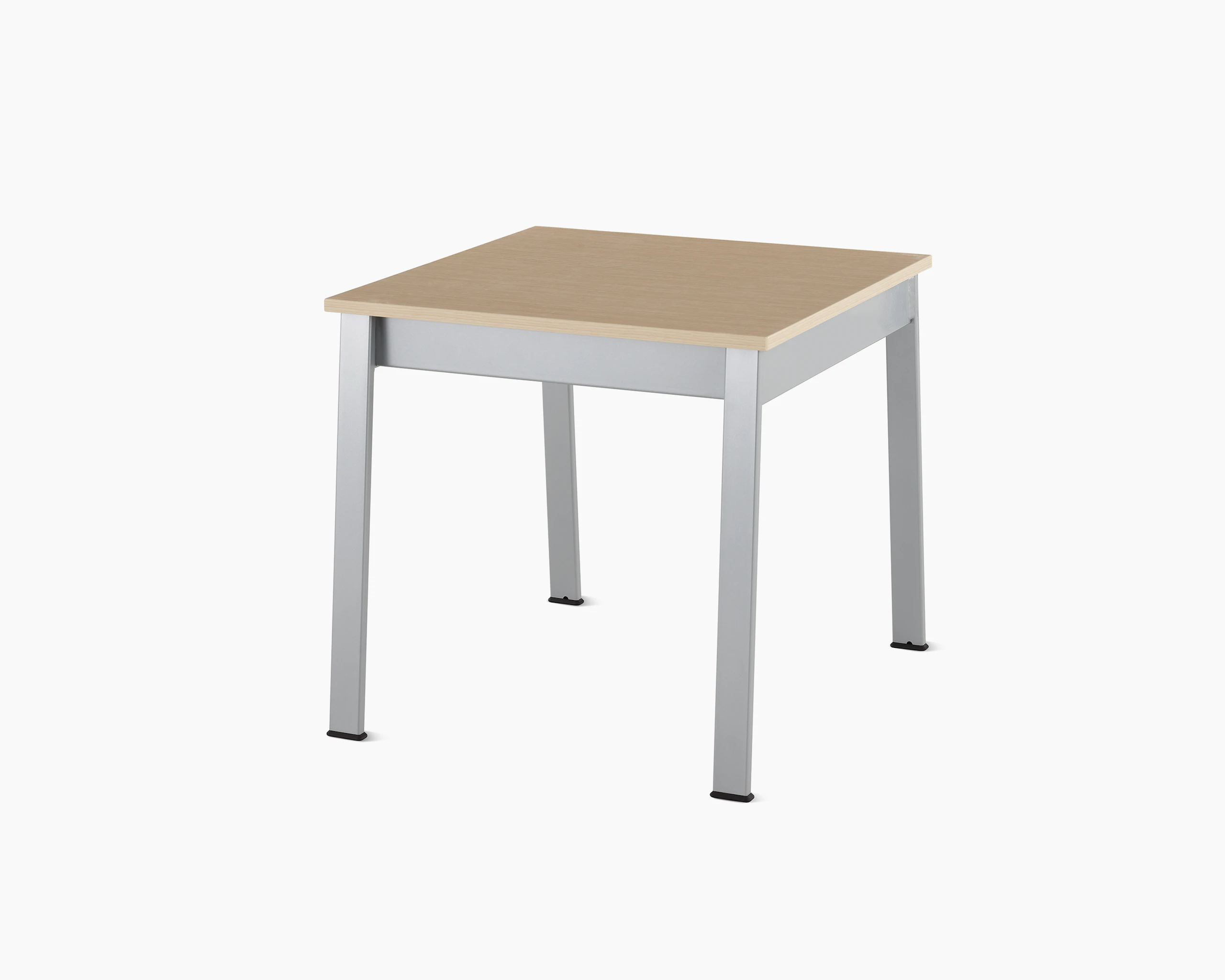 Angled view of an Easton Side Table with a clear on ash laminate top and metallic silver legs.