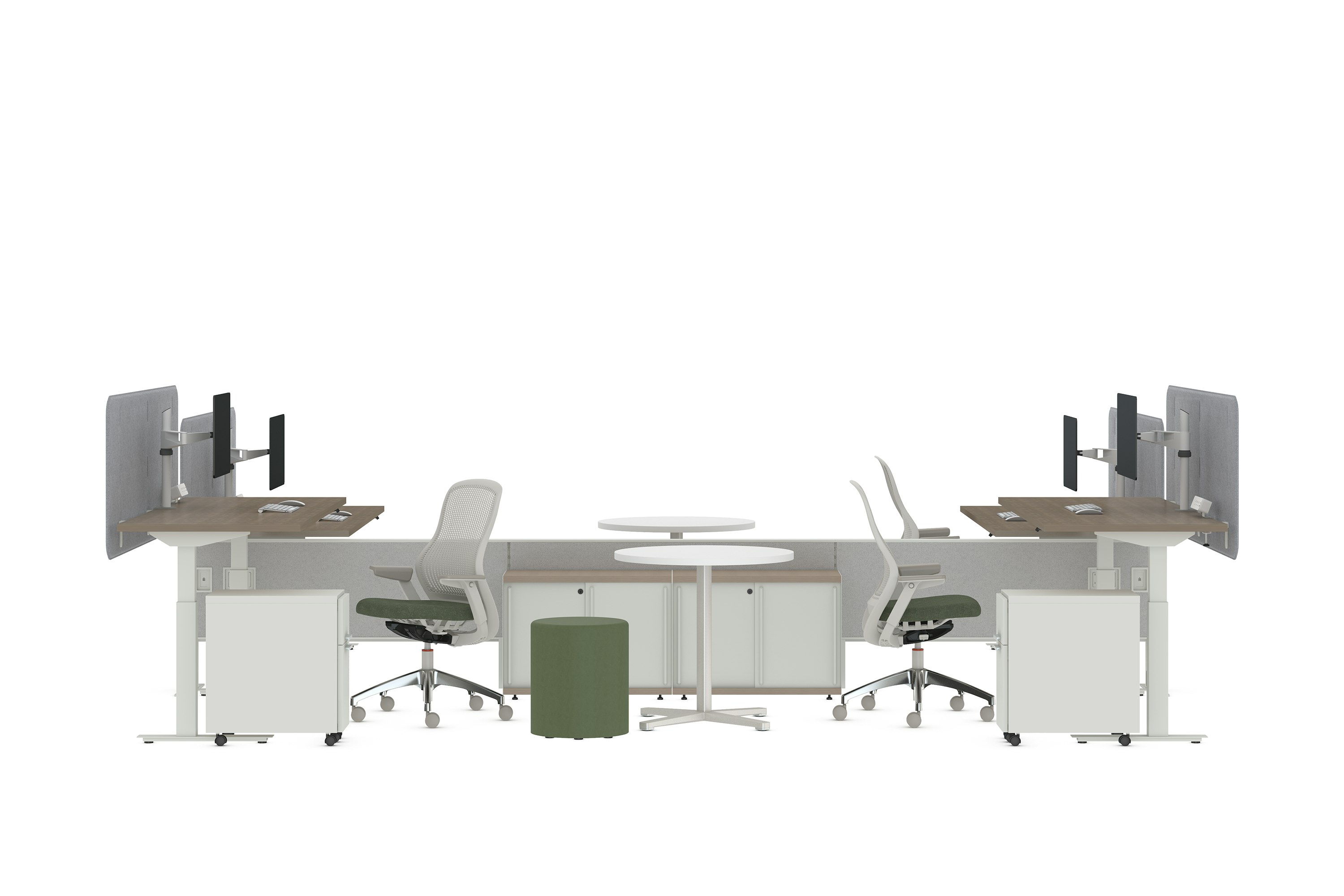 A workspace view featuring Dividends Horizon Elevated Spine with Regeneration Chairs. k.stand and Antenna Hybrid Storage.