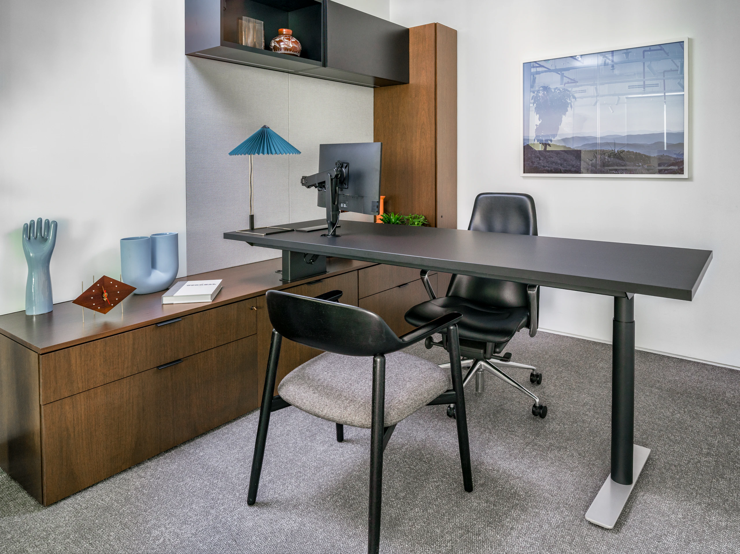 Geiger Private Office with Taper Chair, Crosshatch Side Chair, Ollin Monitor Arm and HAY Matin Lamp.