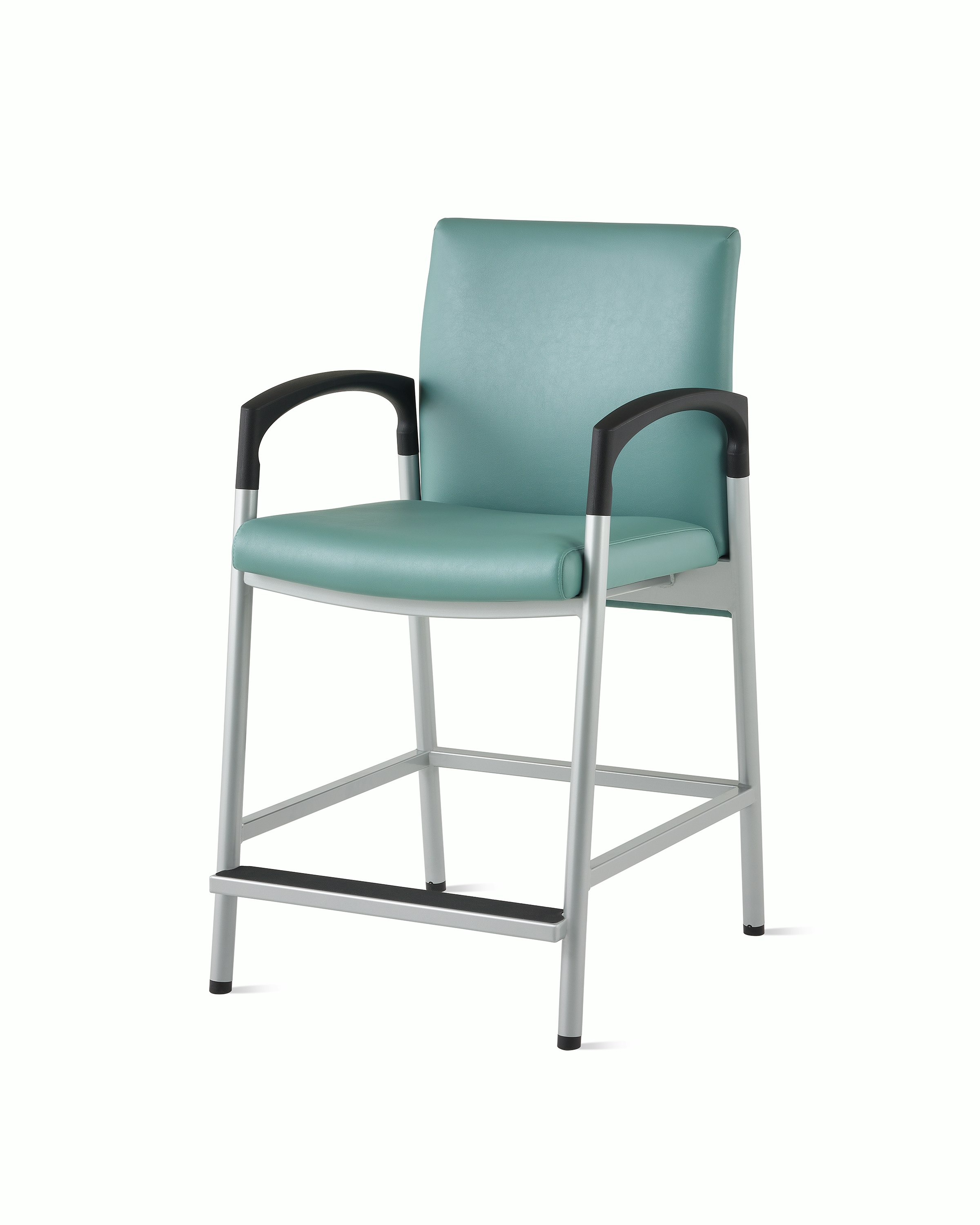 Three-quarter, front view of a Valor Easy Access chair in a blue-green upholstery with a silver frame and black armcaps on white sweep.