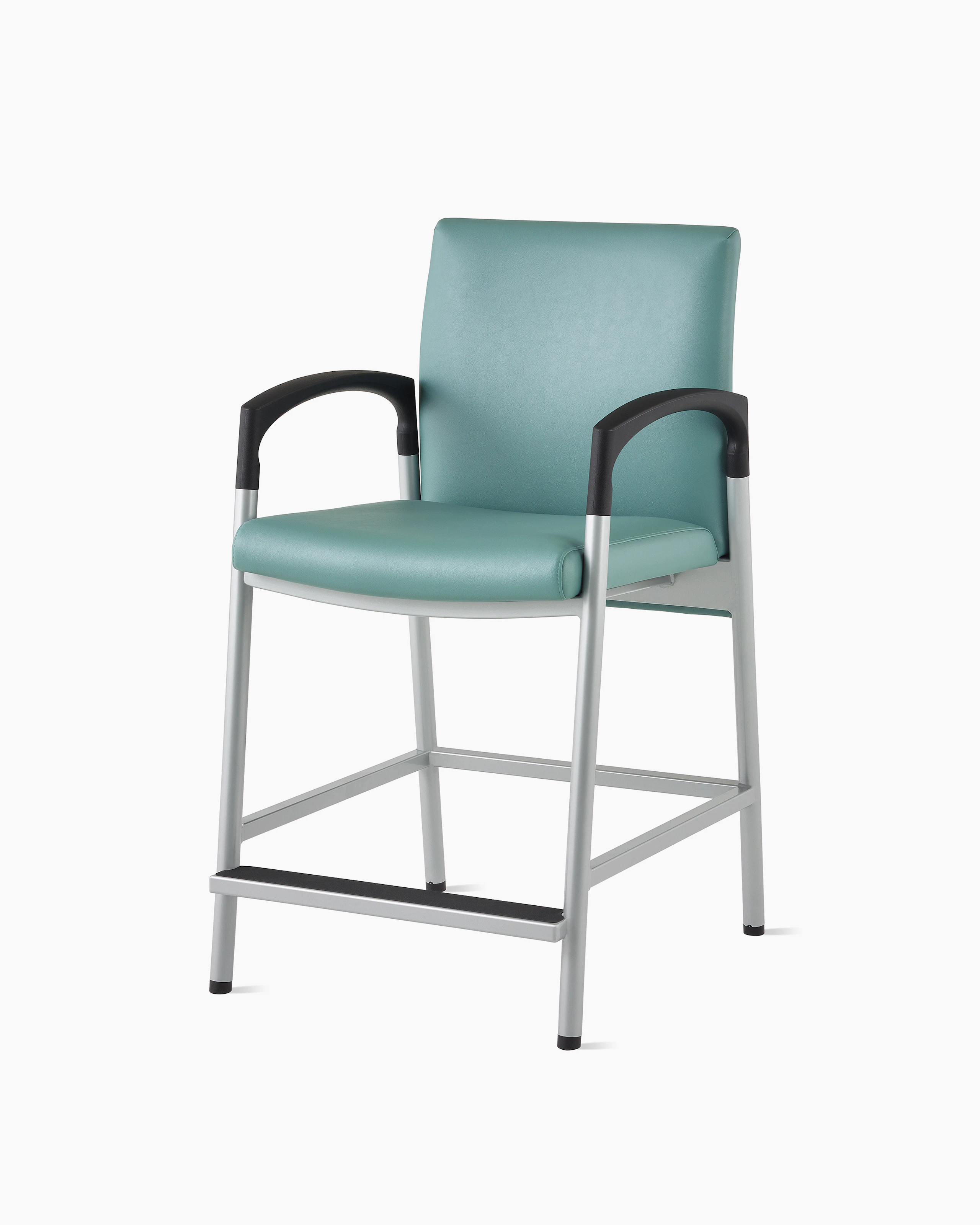 Three-quarter, front view of a Valor Easy Access chair in a blue-green upholstery with a silver frame and black armcaps on white sweep.