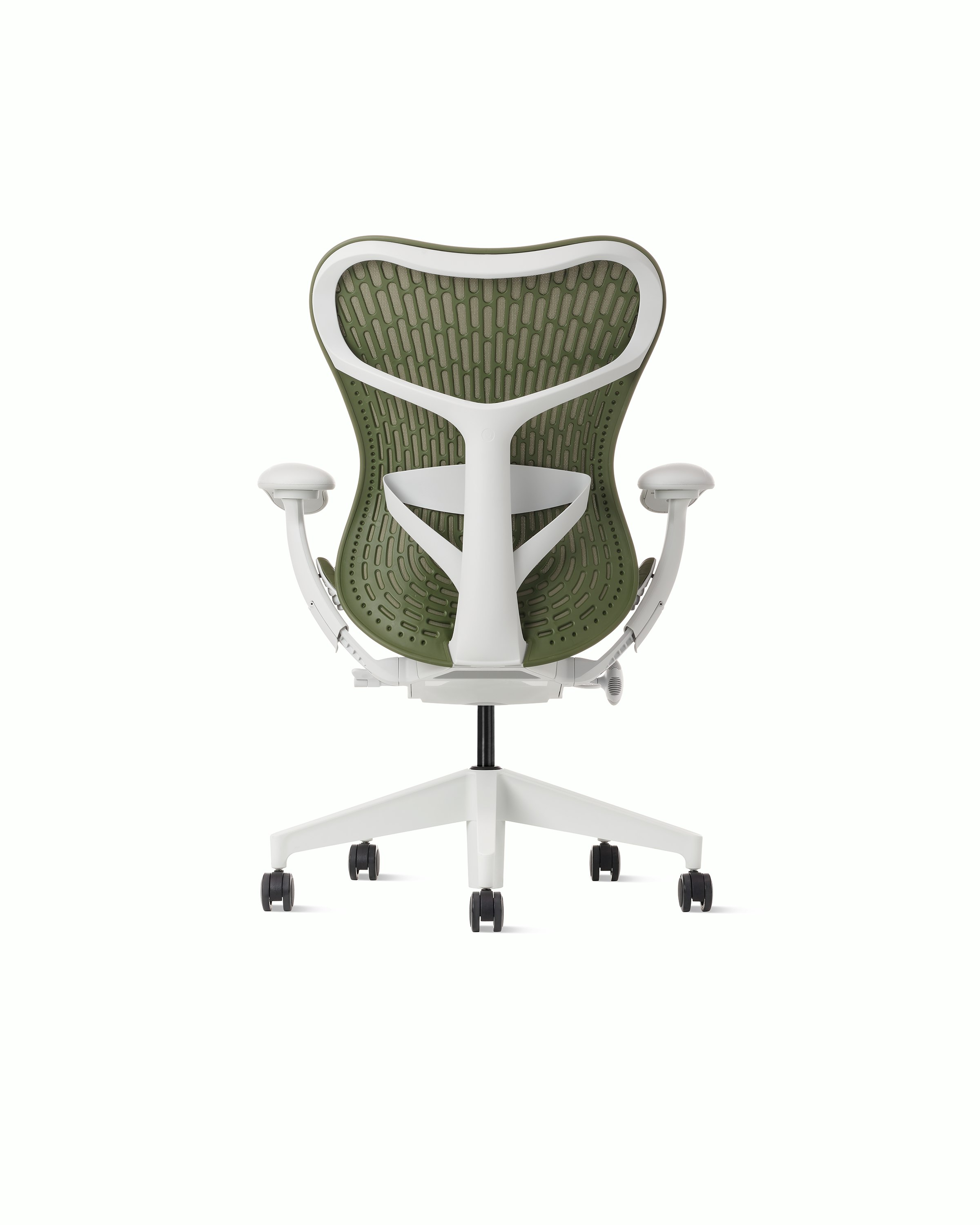 Rear view of a Mirra 2 chair with a Butterfly back in olive and an alpine frame.