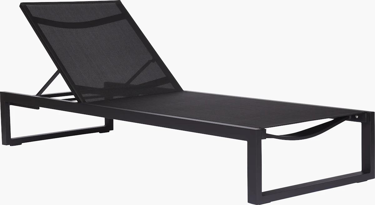 Black outdoor chaise lounge chair with gray mesh back and seat