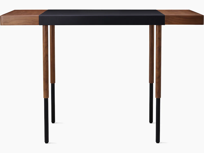 New Canaan Leatherwrap Sit-to-Stand Desk in Walnut and Black Leather, fully raised, front view.