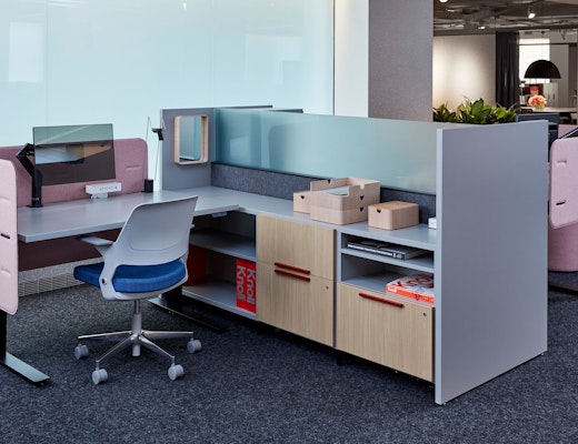 k. stand with Ollo neocon 2018 hospitality at work k. stand ollo beller desktop collection antenna fabric screens calibre storage sapper xyz monitor arm