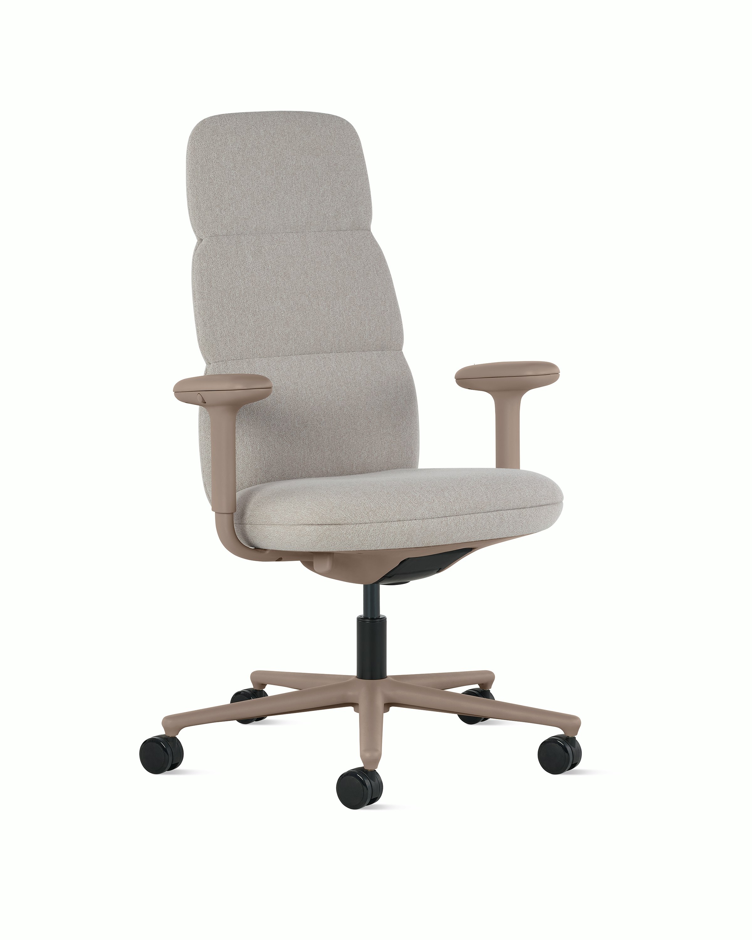 Front angle view of a high-back Asari chair by Herman Miller in light brown with height adjustable arms.