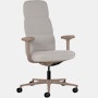 Front angle view of a high-back Asari chair by Herman Miller in light brown with height adjustable arms.