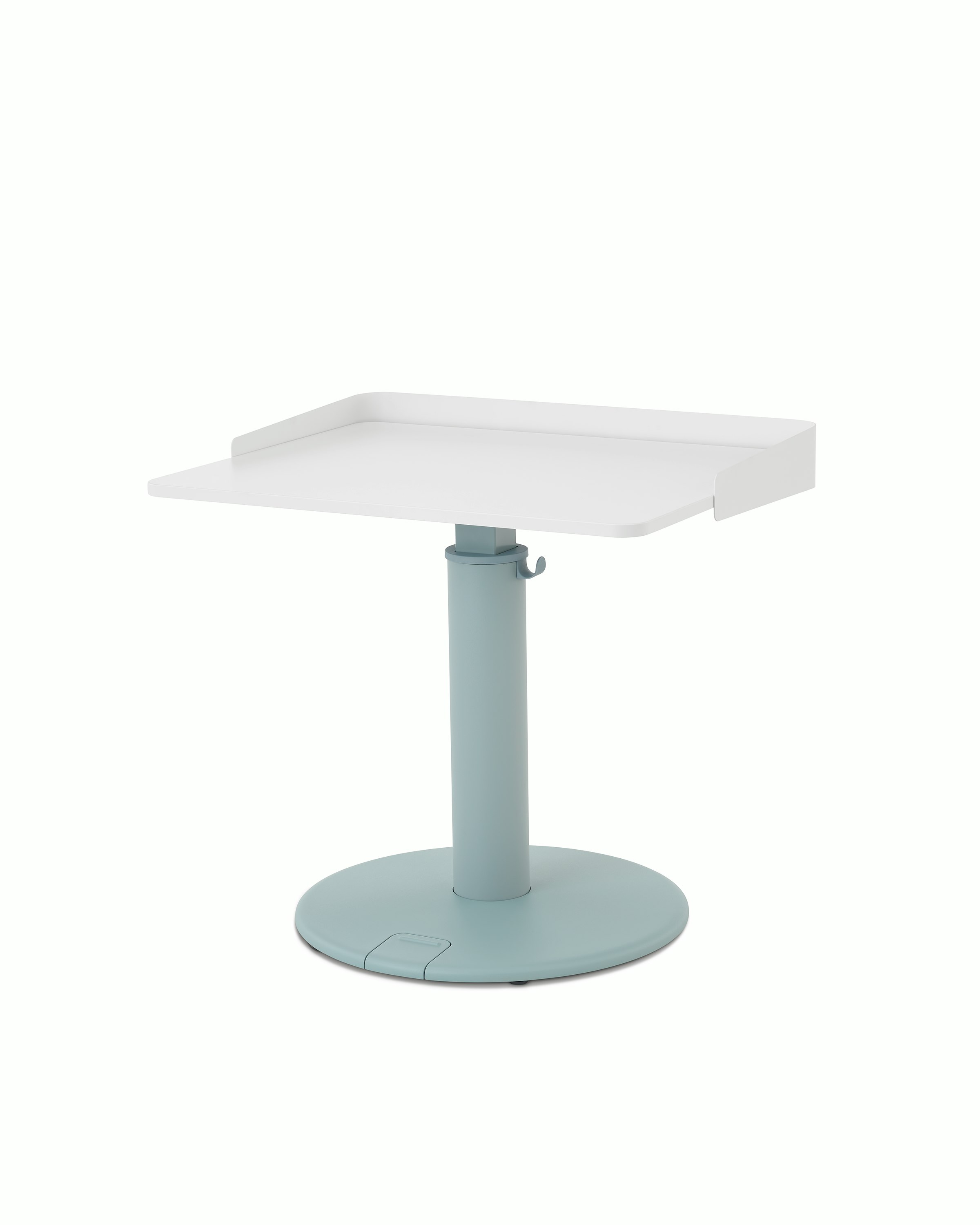 OE1 Sit-to-Stand Table with light blue base and white rectangular surface, viewed from a front angle.