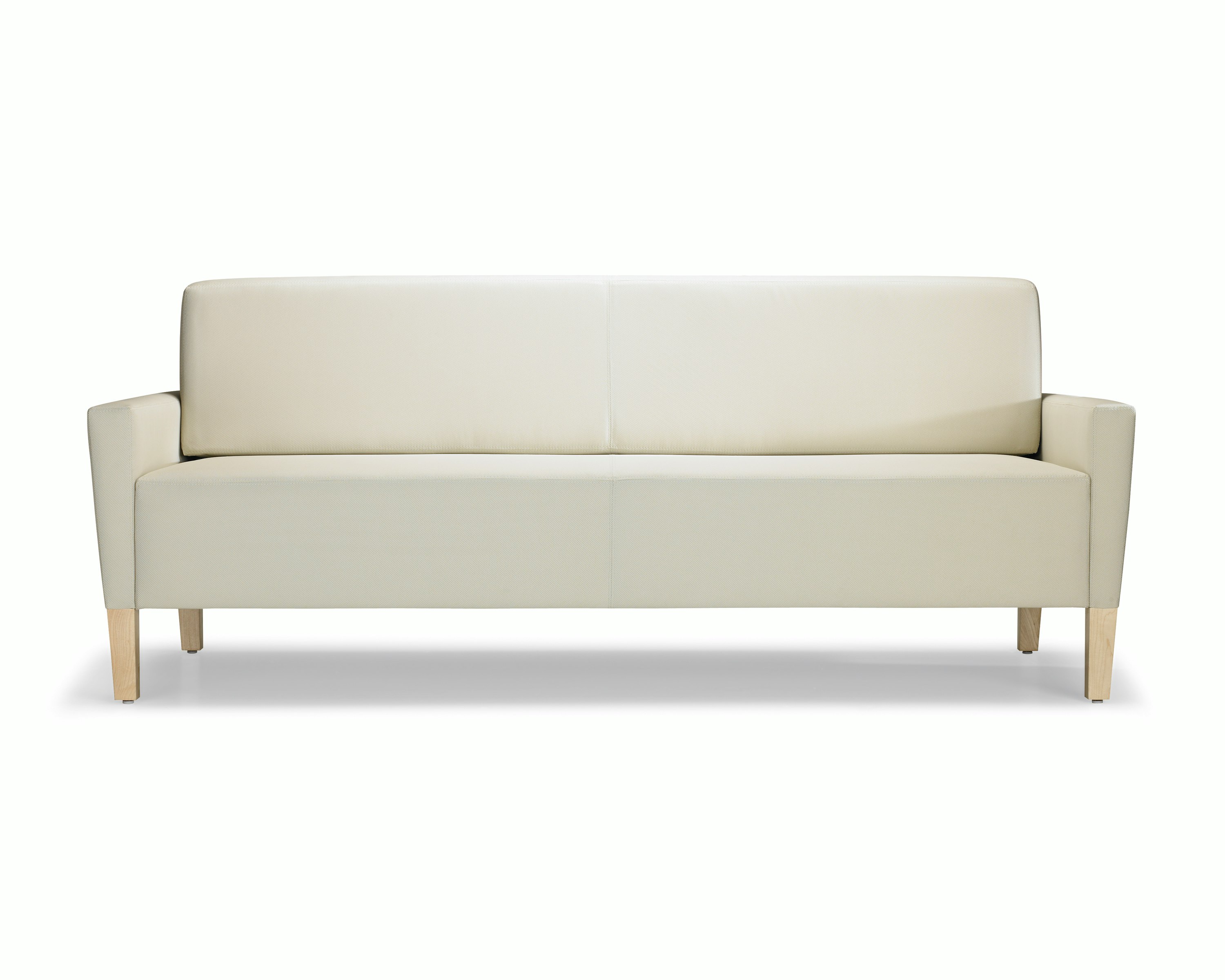 A front view of a Brava Flop Sofa in white textile with maple legs.