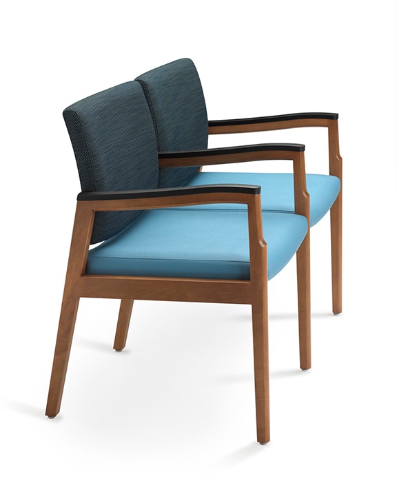Monarch Multiple Seating (two seat with intervening arms and legs) in blue textile with solid hardwood frame and urethane arm caps.