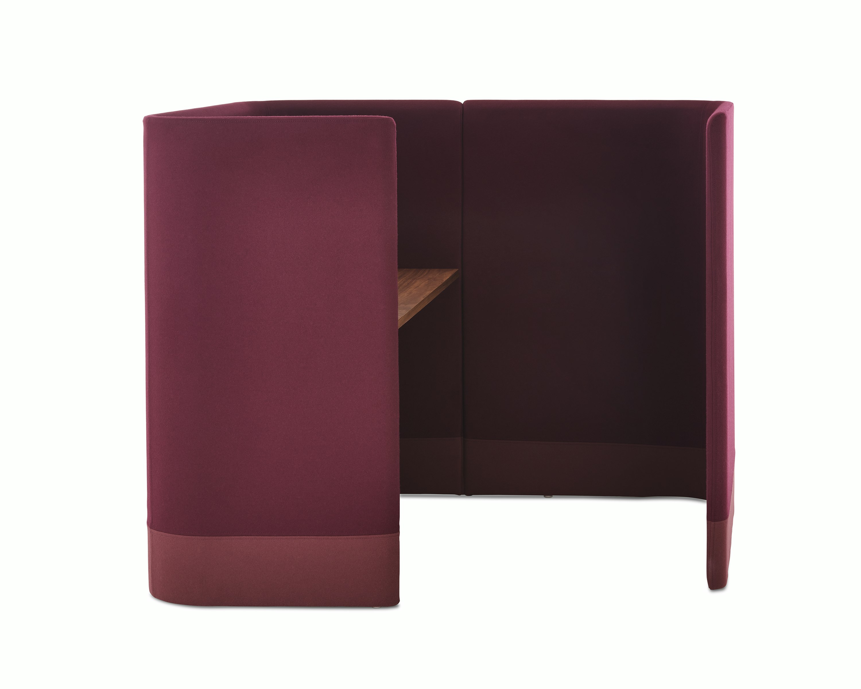Whitesweep shot of Pullman Desk Pod upholstered in burgundy fabric with an oak desk top.