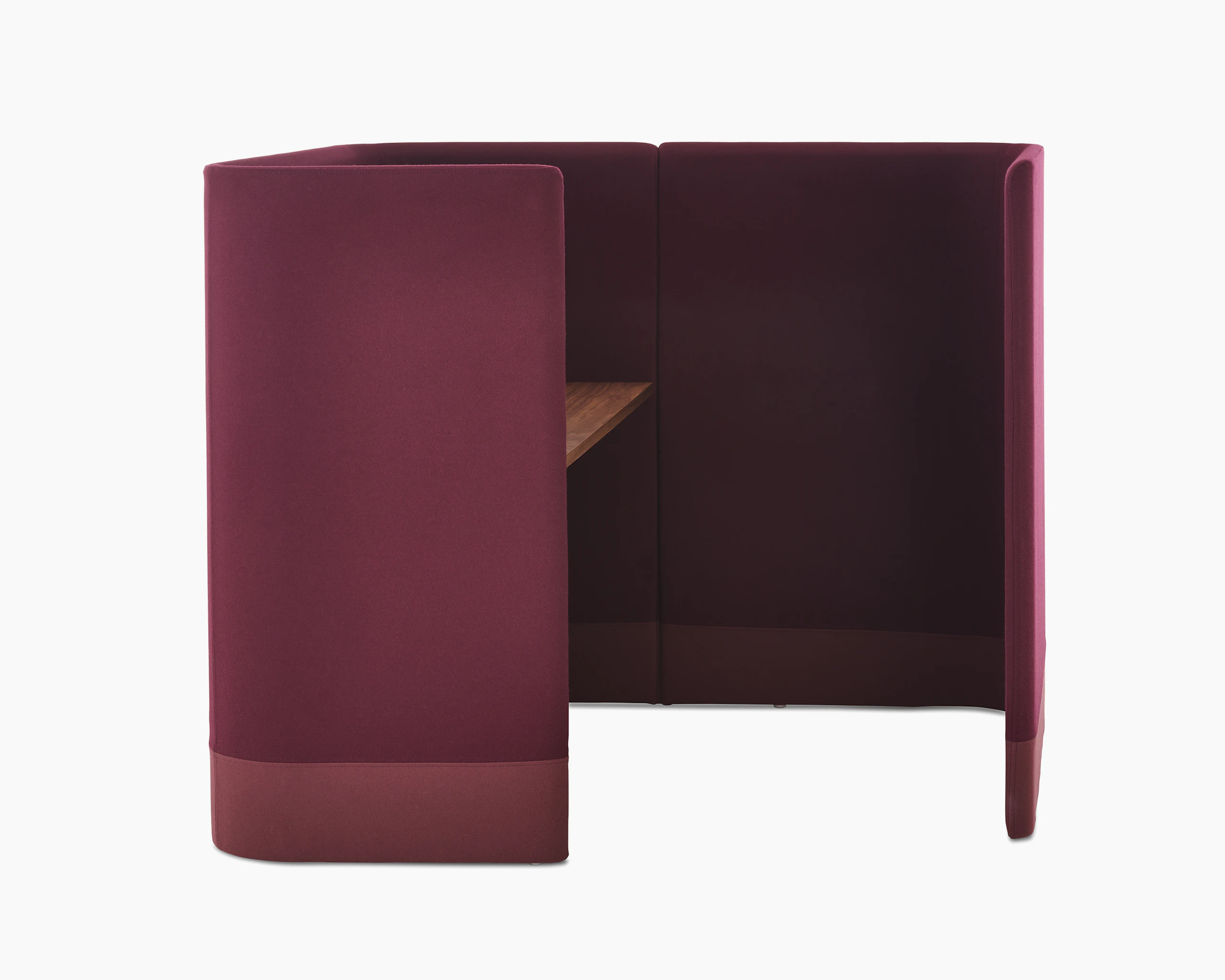 Whitesweep shot of Pullman Desk Pod upholstered in burgundy fabric with an oak desk top.