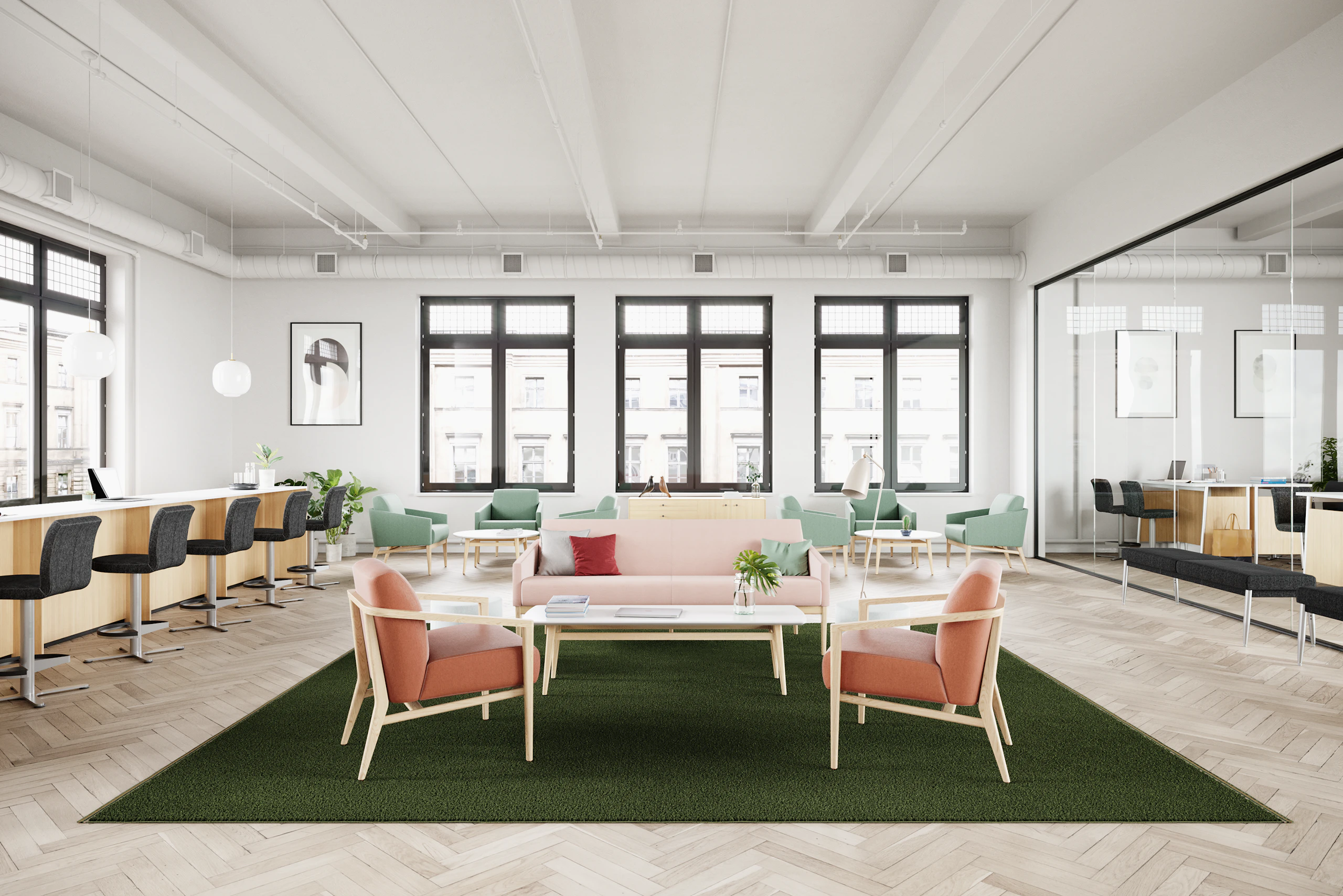 A lobby waiting area featuring groupings of Nemschoff Palisade Collection.