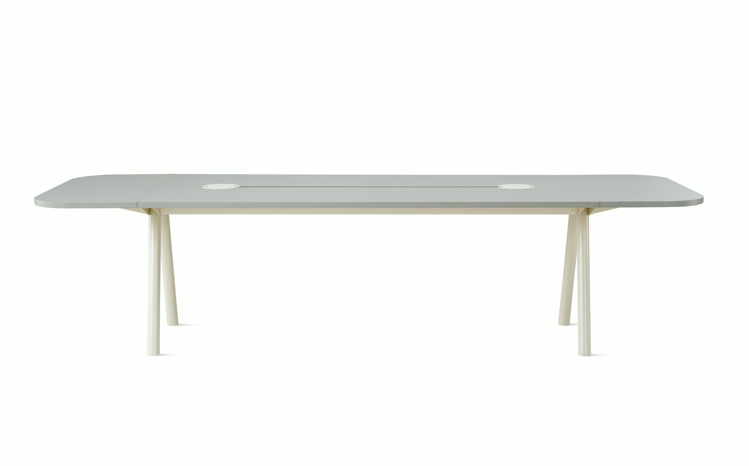 1000x3000 Morse table with Mushroom forbo top and oyster metal legs, with two power cut outs and radius ends.