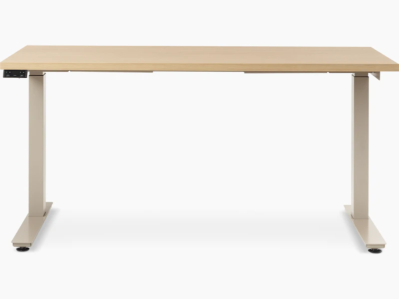 Lev Height Adjustable Table with core laminate warm ash, viewed from the front.