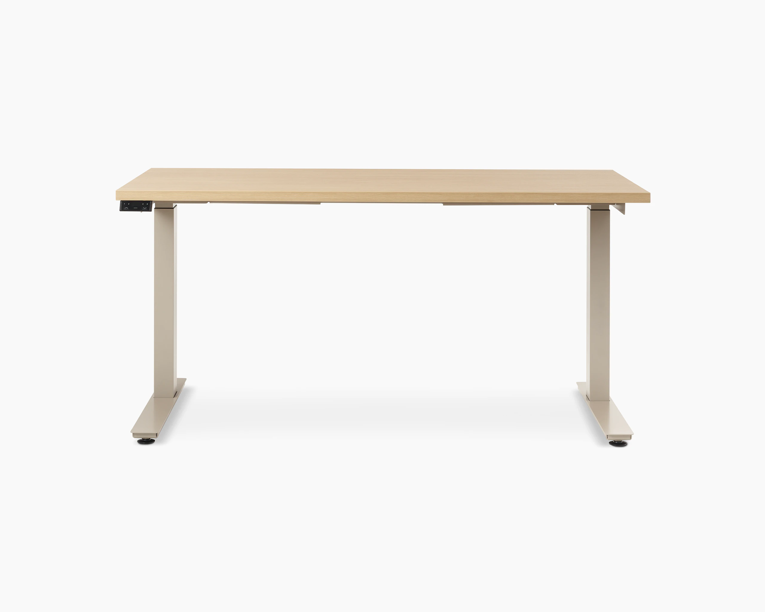 Lev Height Adjustable Table with core laminate warm ash, viewed from the front.