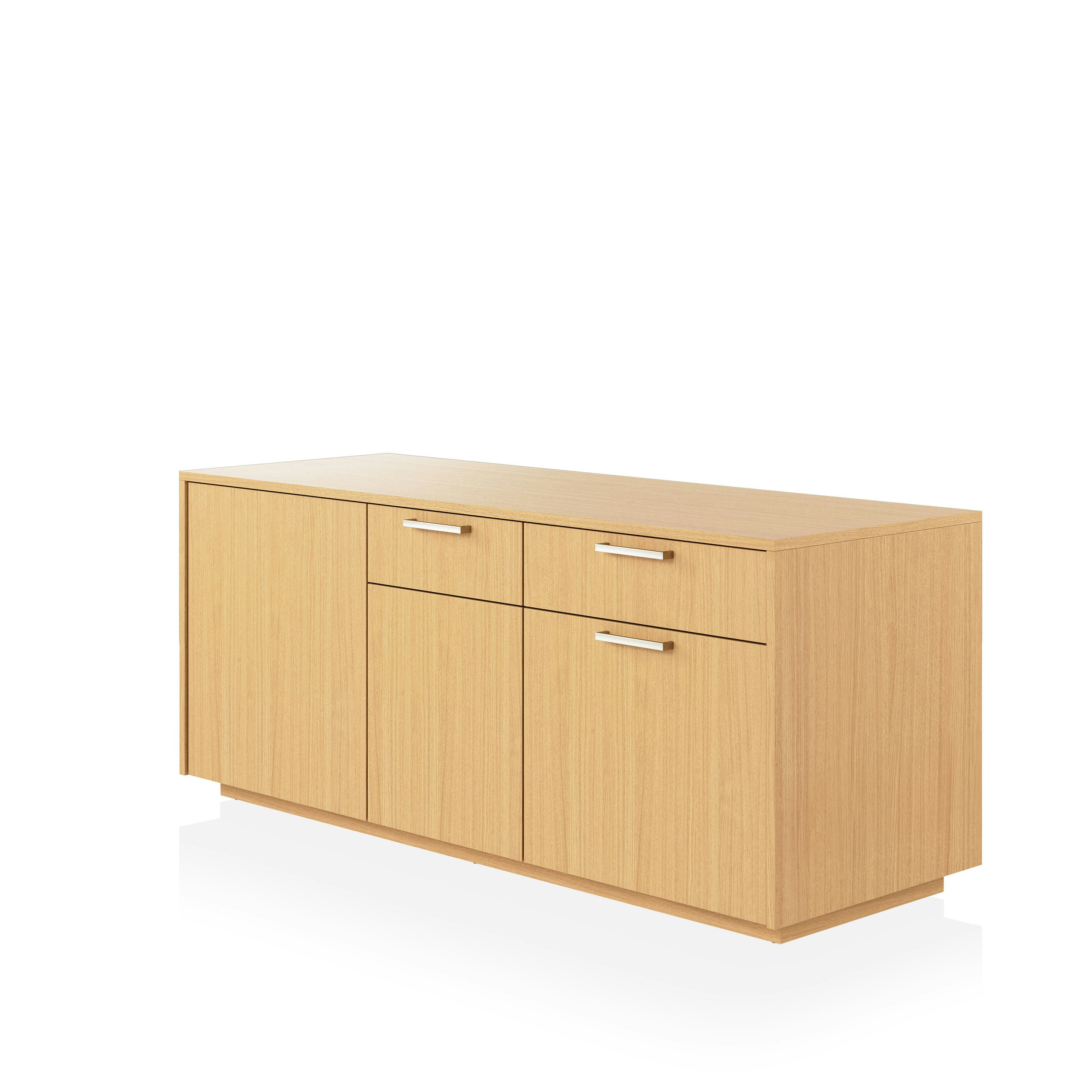 JD Credenza in Natural Rift Cut Oak with Satin Nickel drawer pulls viewed from a 45 degree angle.