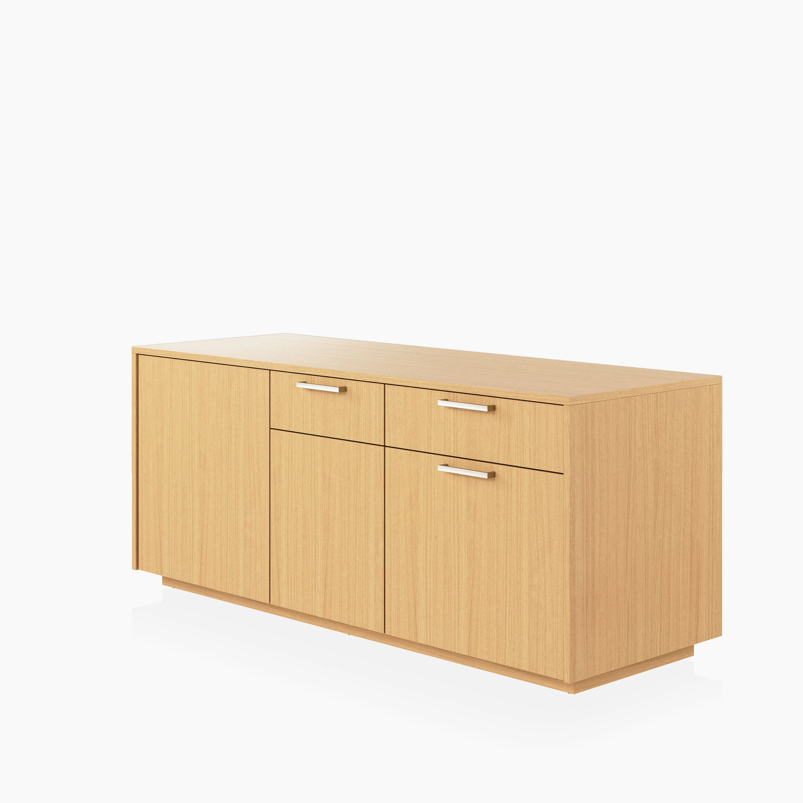 JD Credenza in Natural Rift Cut Oak with Satin Nickel drawer pulls viewed from a 45 degree angle.