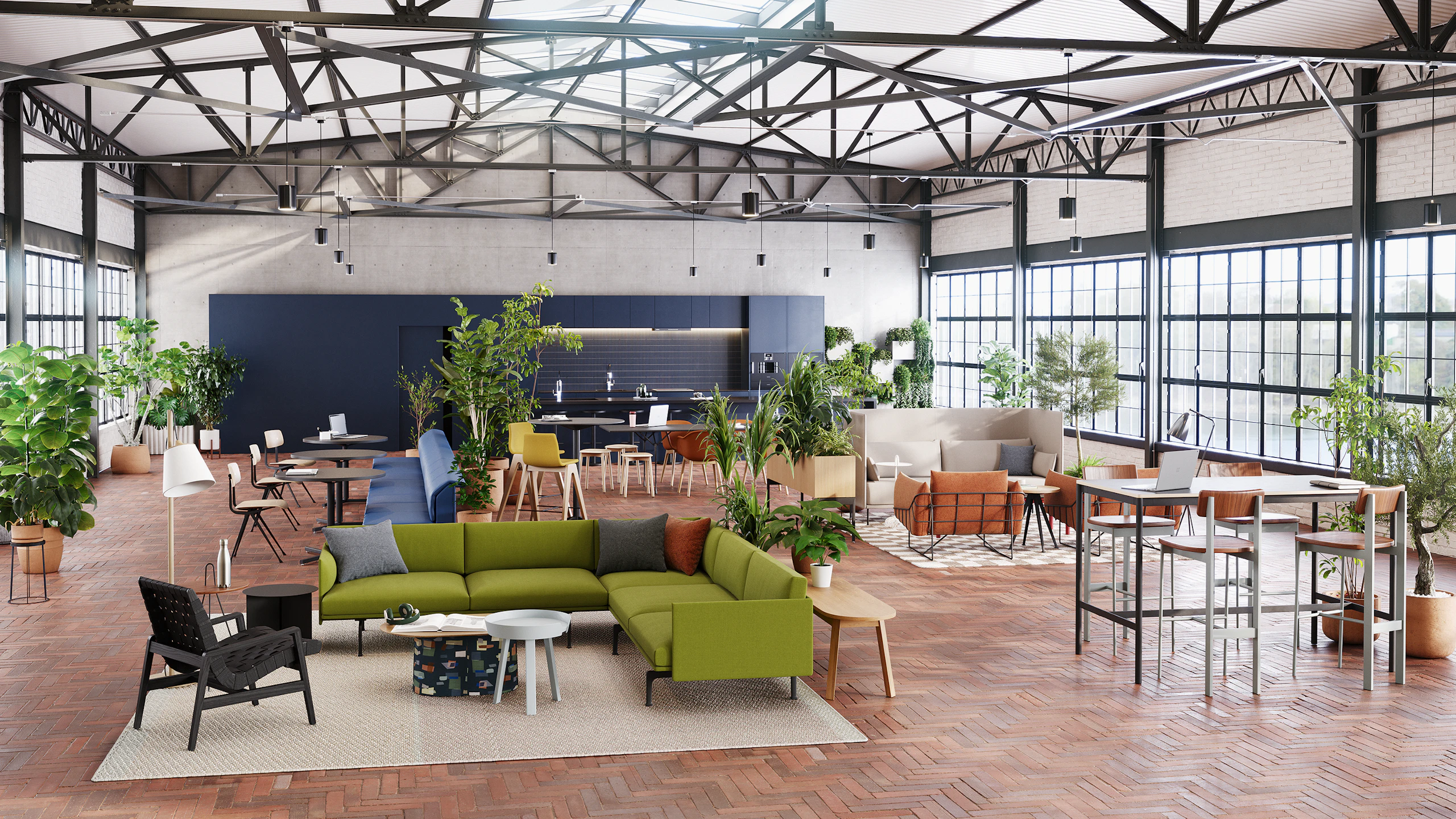 A biophilic community space for people to come together and interact featuring products from Herman Miller, Knoll, HAY, Muuto, Geiger, Design Within Reach, and naughtone.