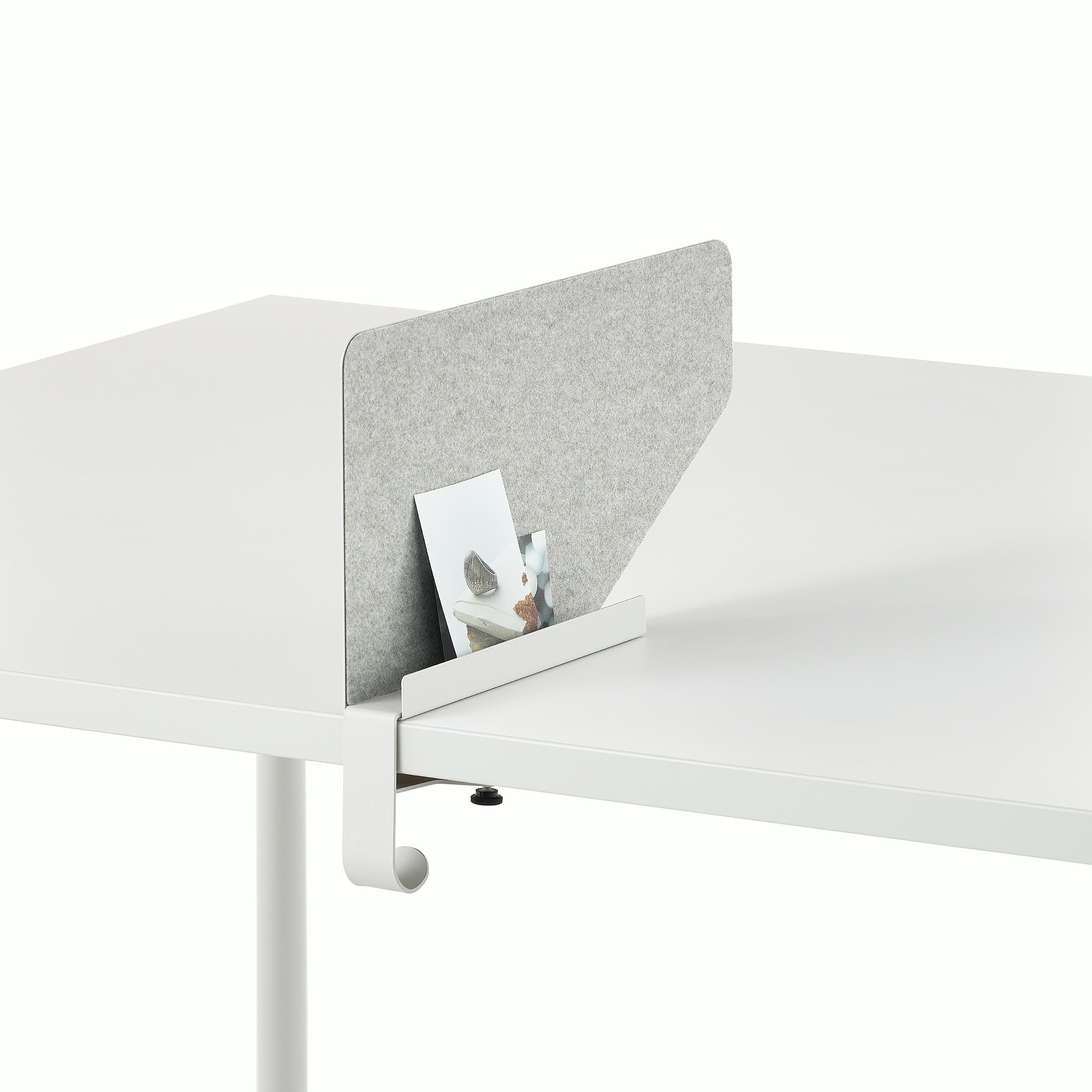 Grey OE1 Boundary Screen with liner on a white OE1 Rectangular Table, viewed from an angle.