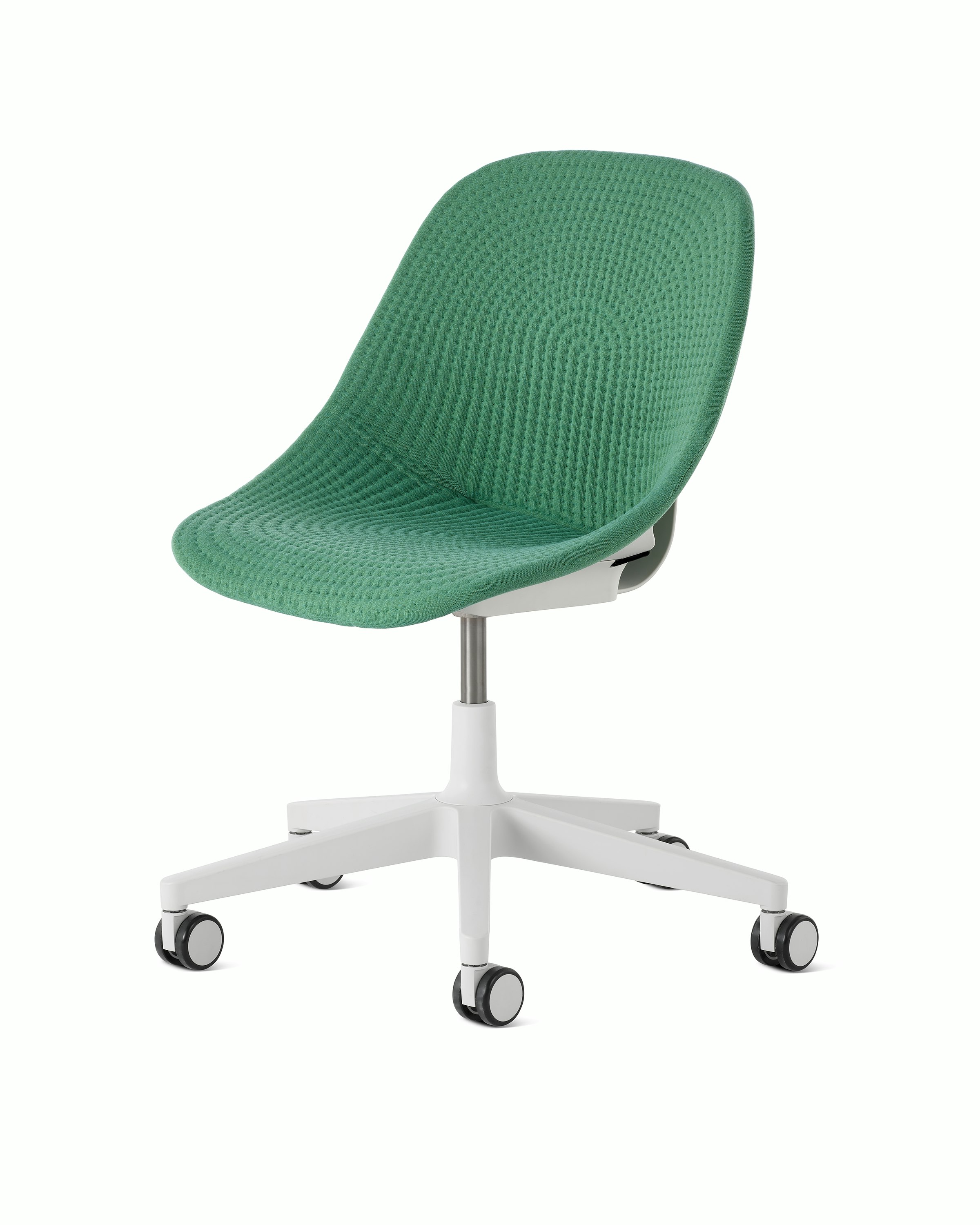 Front angle view of a Zeph chair with no arms in light grey with a light green knit cover