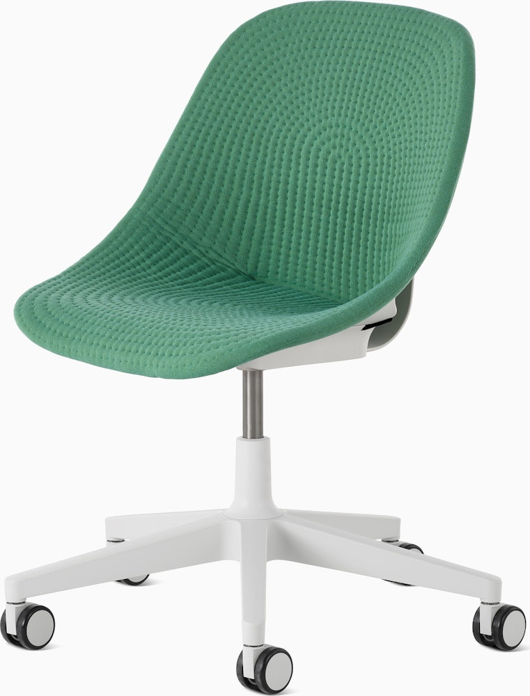 Front angle view of a Zeph chair with no arms in light grey with a light green knit cover