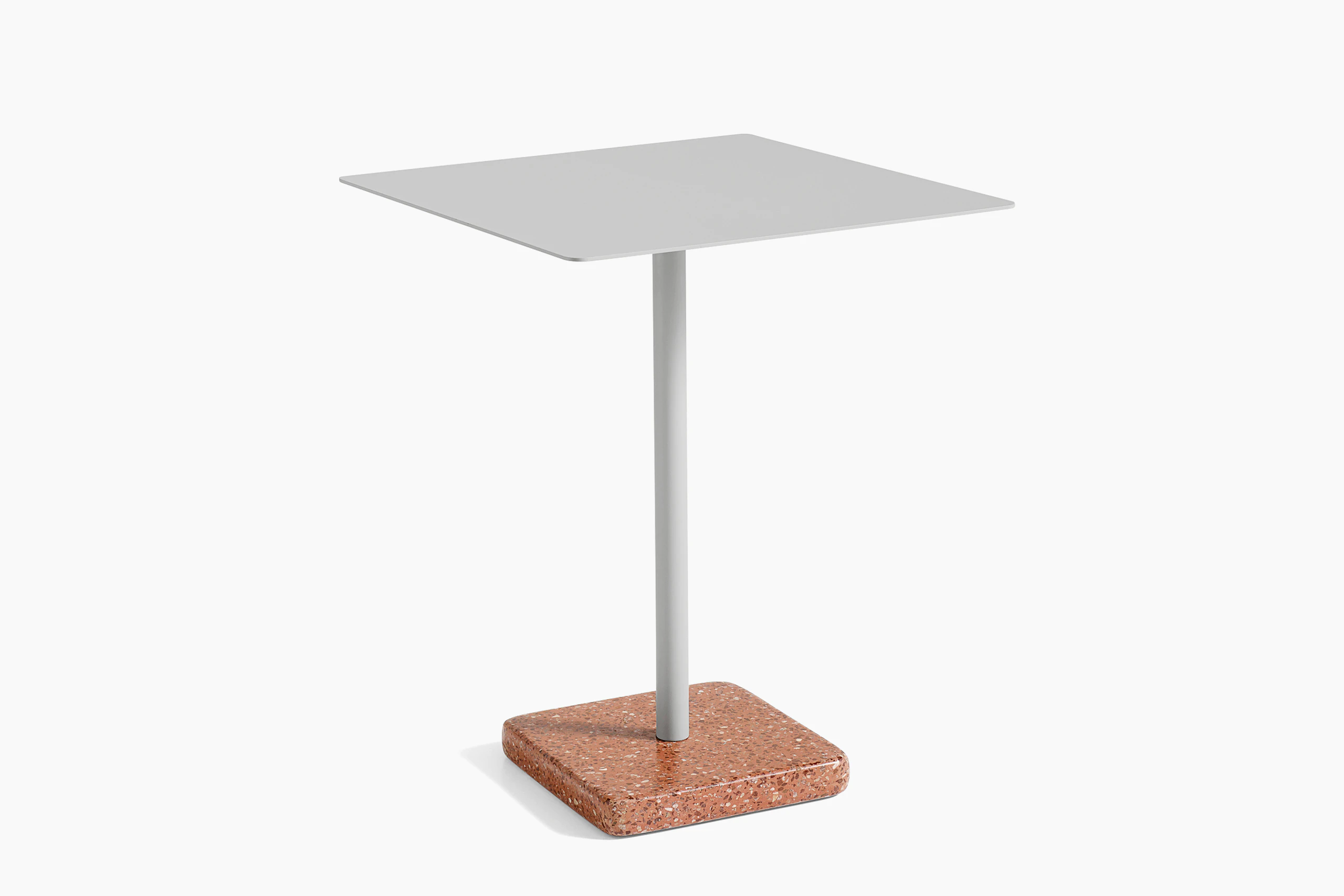 A square Terrazzo Table in light grey with a red Terrazzo base.