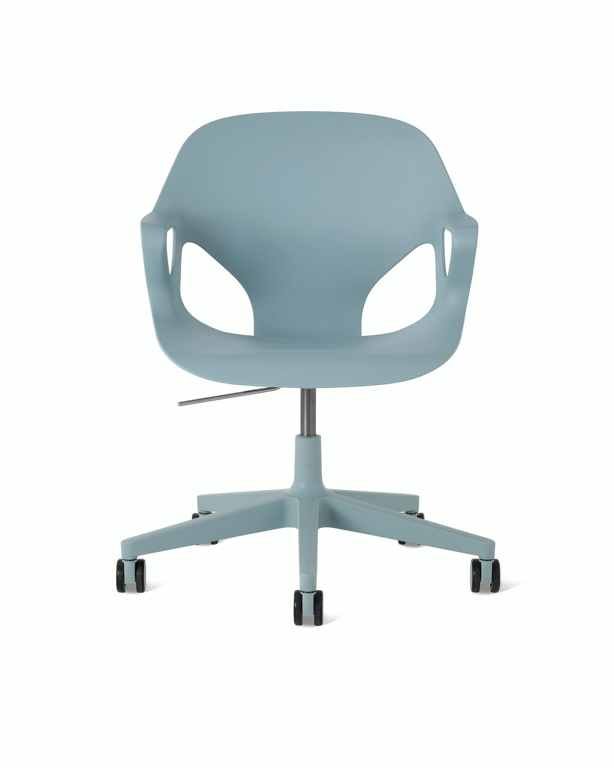 Front view of a light blue Zeph chair with fixed arms.