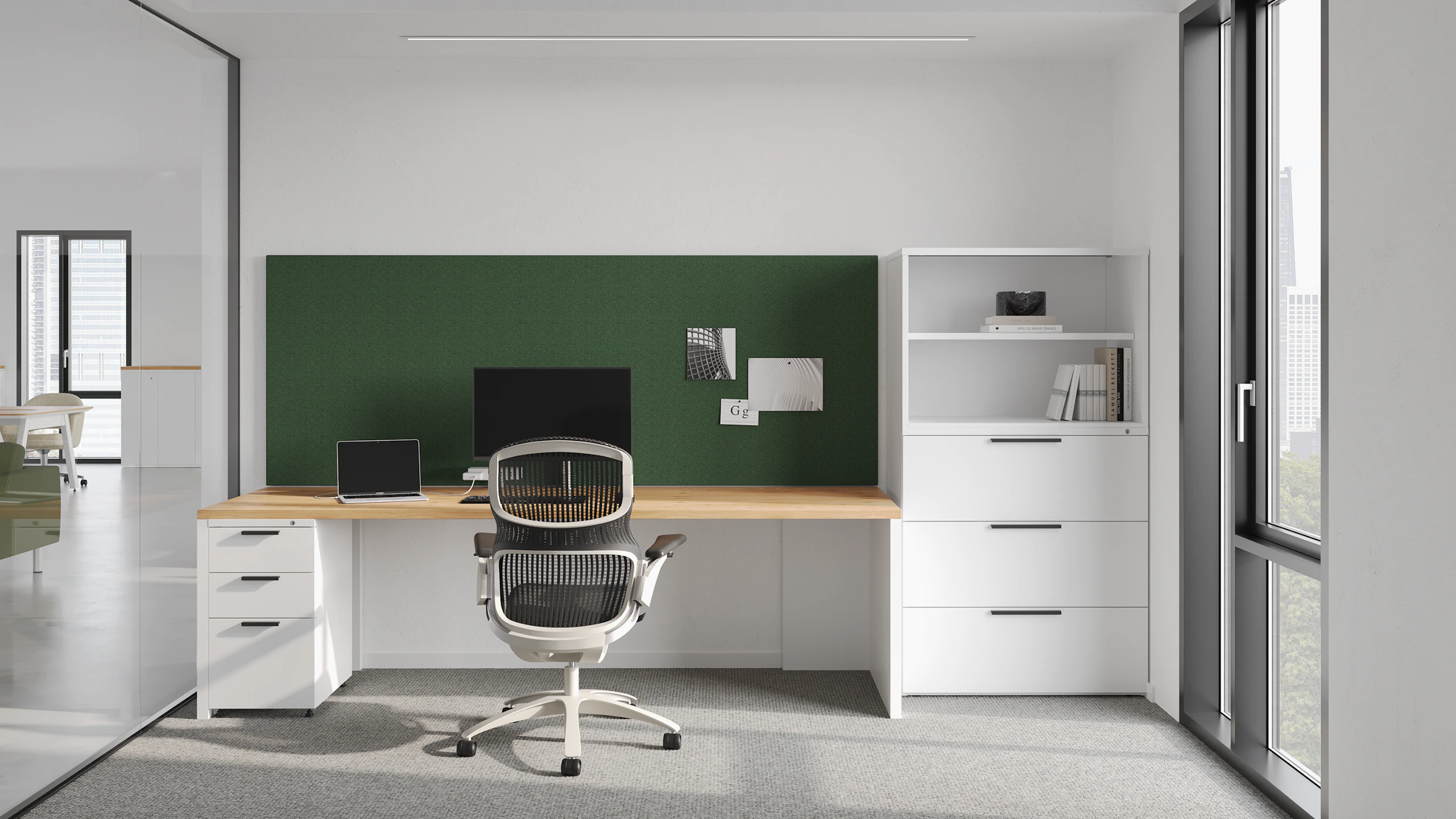 Private offices with white Series 2 storage pedestal with Dividends Skyline work surface and white and black Generation Task Chairs.
