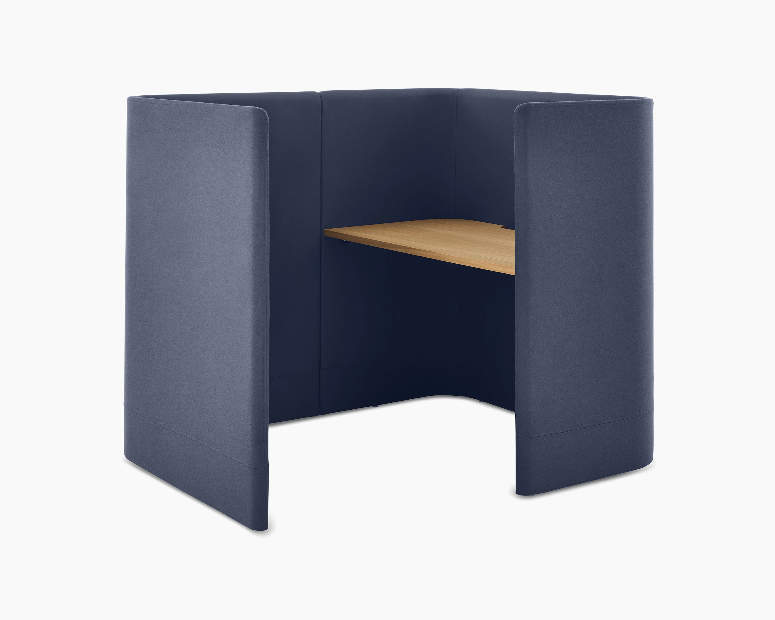 Whitesweep shot of Pullman Desk Pod upholstered in dark grey fabric with an oak desk top.
