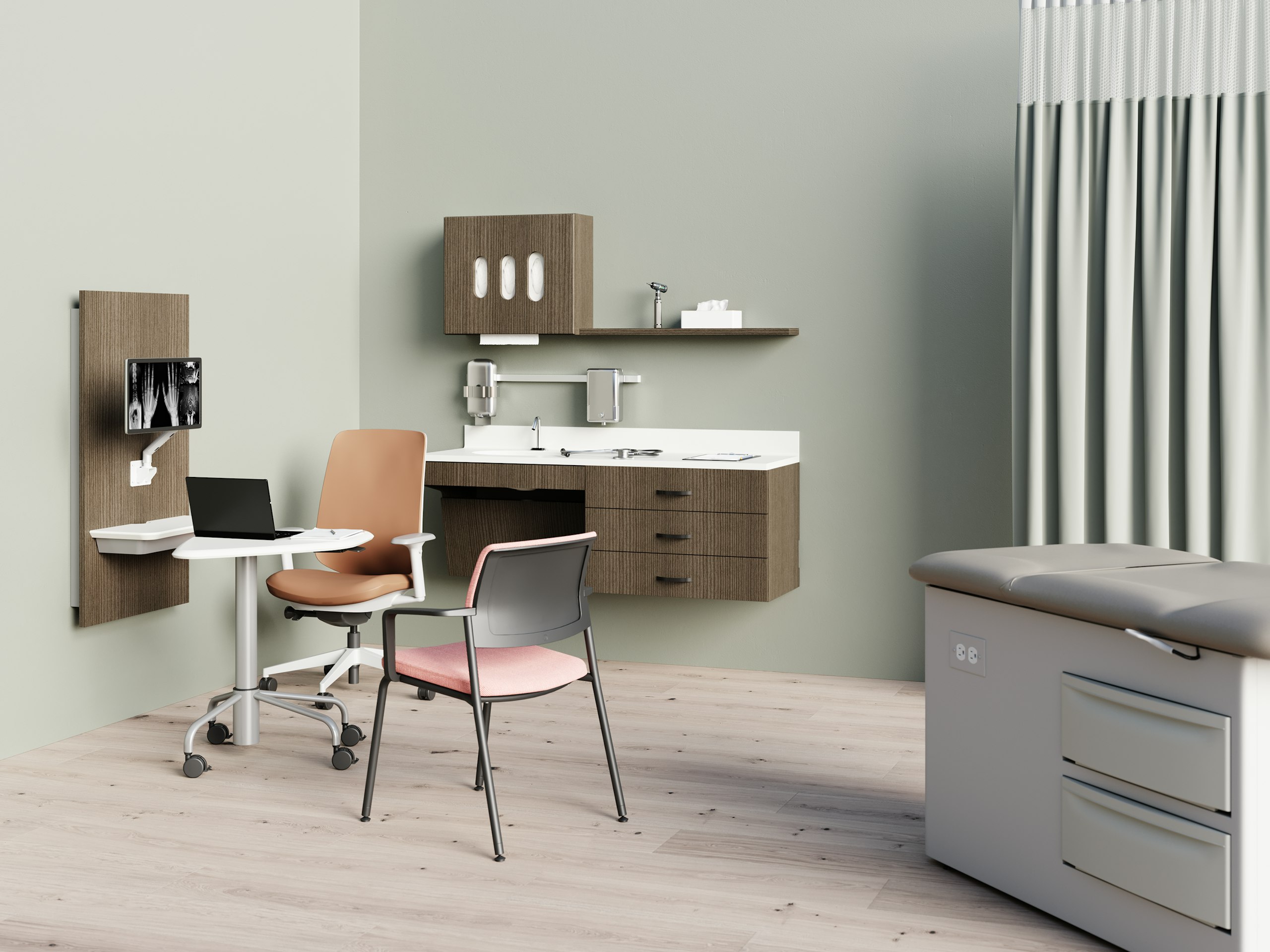 Exam Room with Mora Casework on the back wall. A Intent Solution wall unit and mobile table with Verus Side Chair and Verus Chair around the mobile table and a Brewer exam table.