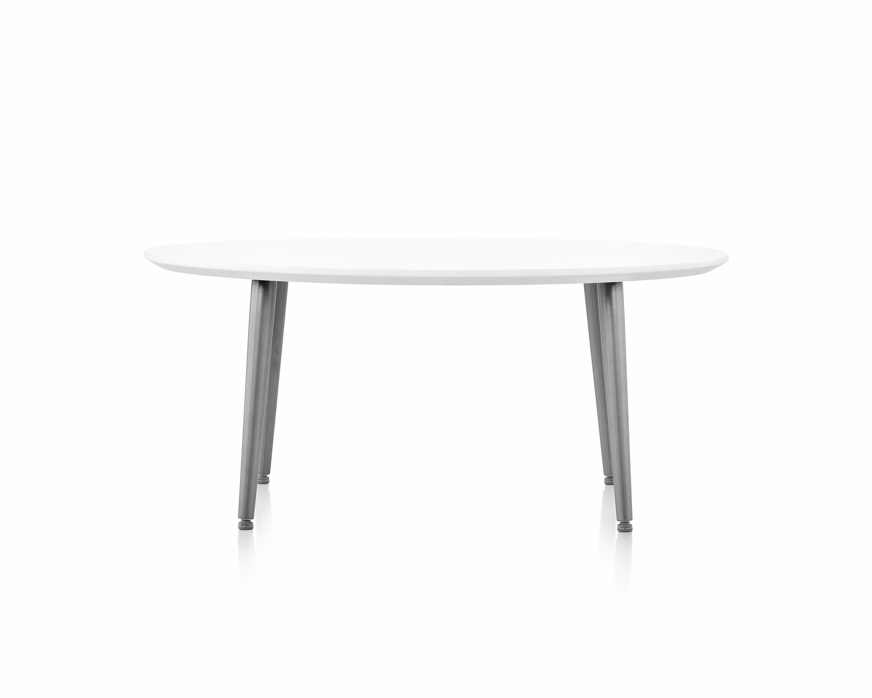 Palisade Occasional Table with metal legs and solid surface top on white sweep.