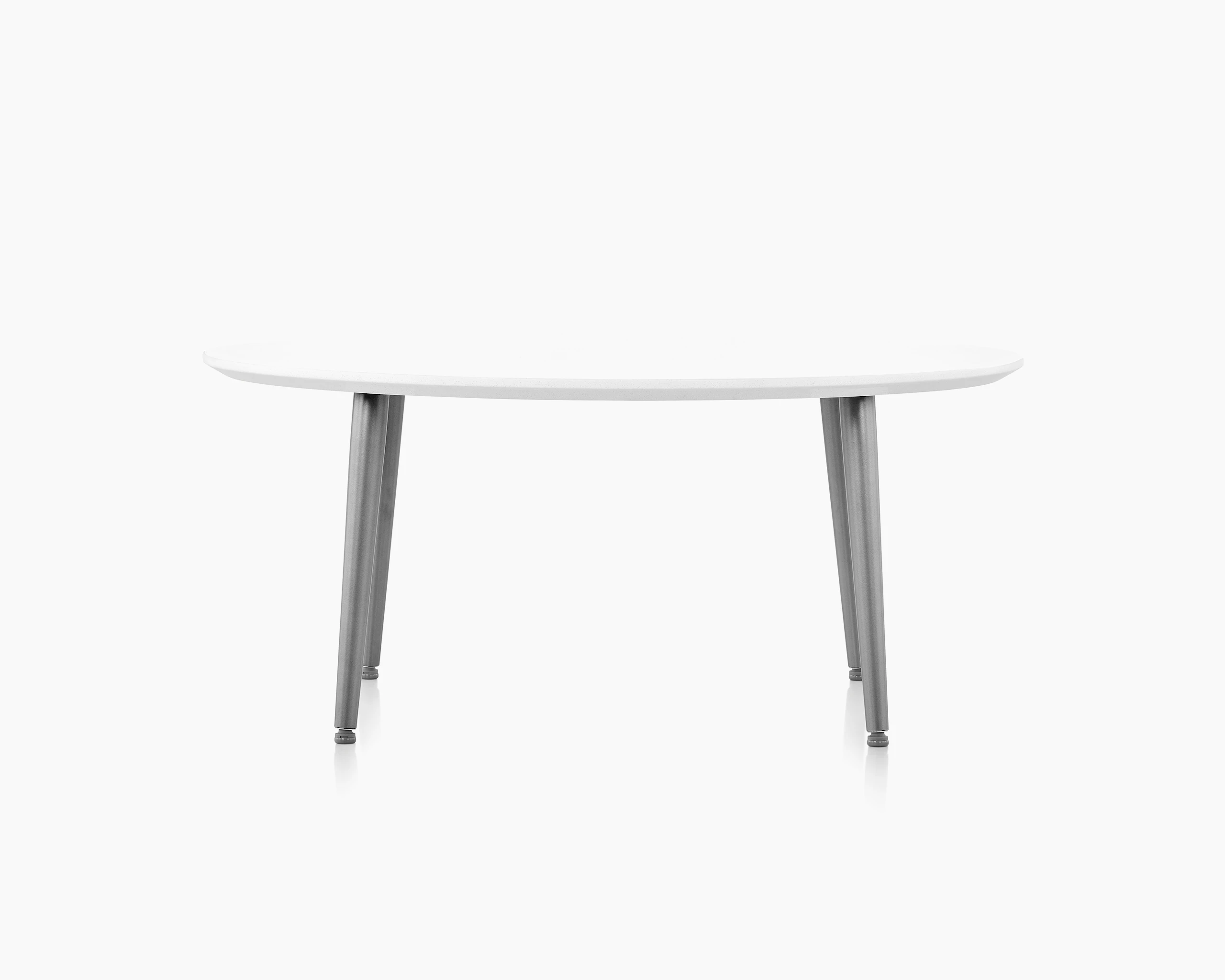 Palisade Occasional Table with metal legs and solid surface top on white sweep.
