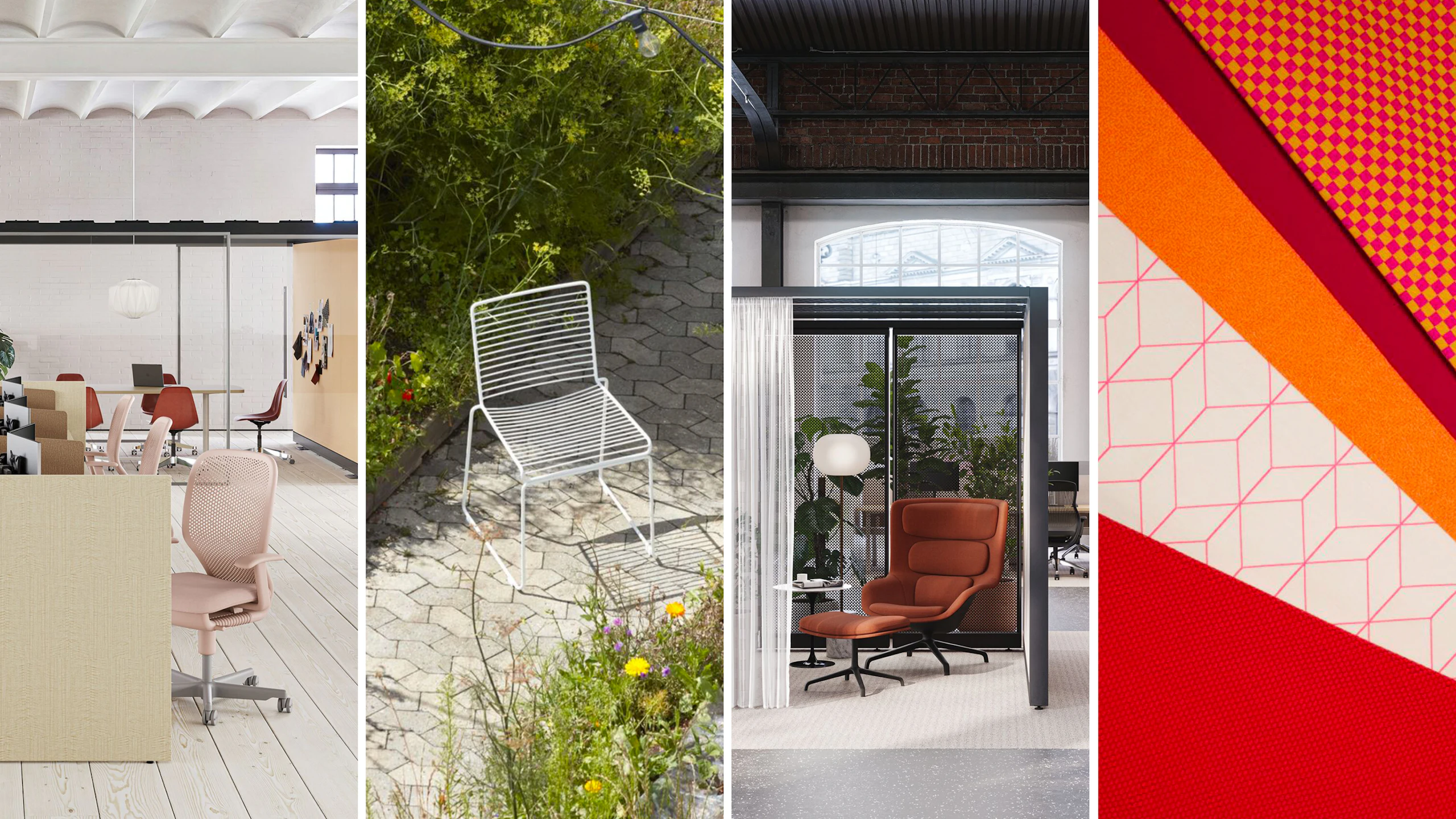 A collage of different spaces - including an interior office, exterior walkway, and a group neighborhood workspace - that represent community, group, and individual settings