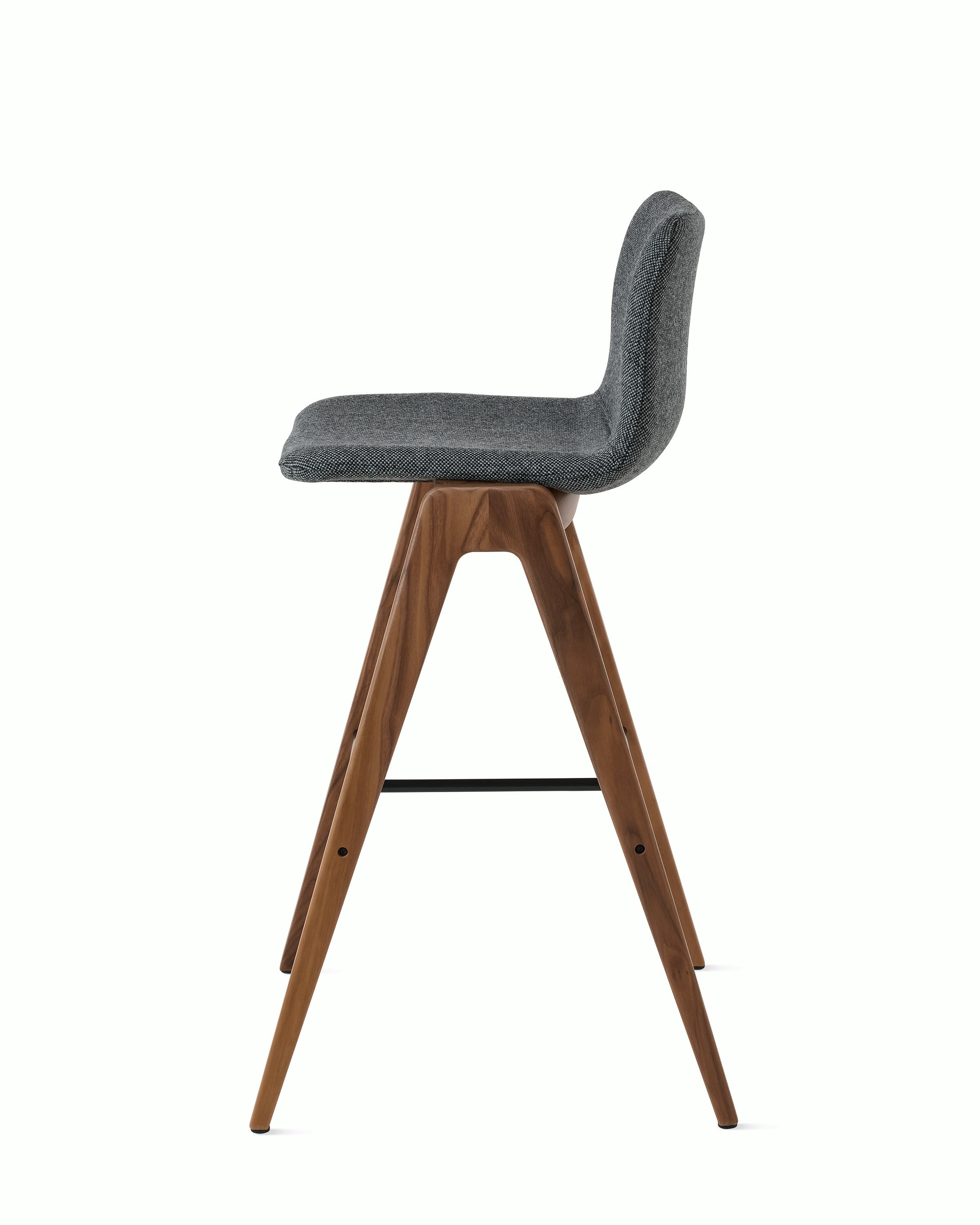 White sweep of Viv wood chair with dark grey fabric and 4 leg walnut base