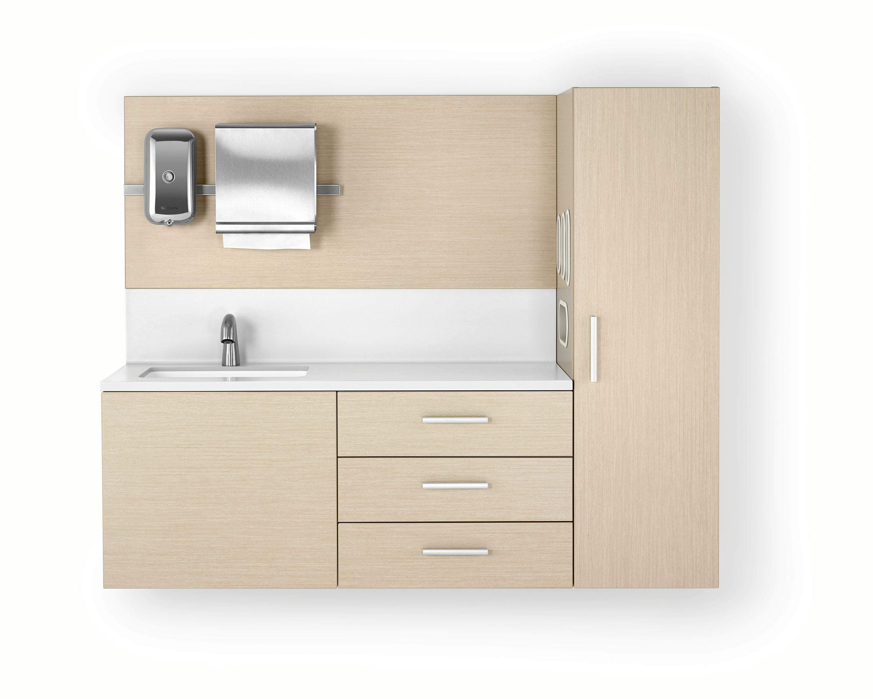 Mora casework in an ash finish and a white solid surface top and sink. The casework is wall-hung and has 3 drawers and one storage tower.